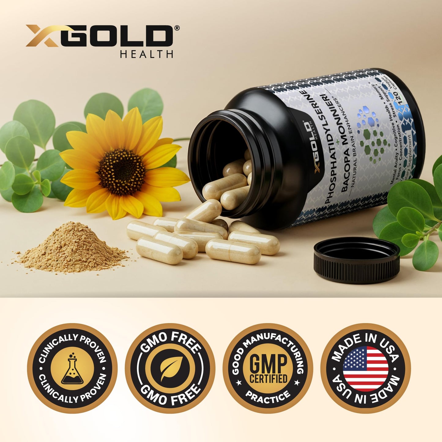 X Gold Health PhosphatidylSerine & Bacopa Monnieri 800 mg 2 in 1 Supplement Capsules, 120 Count