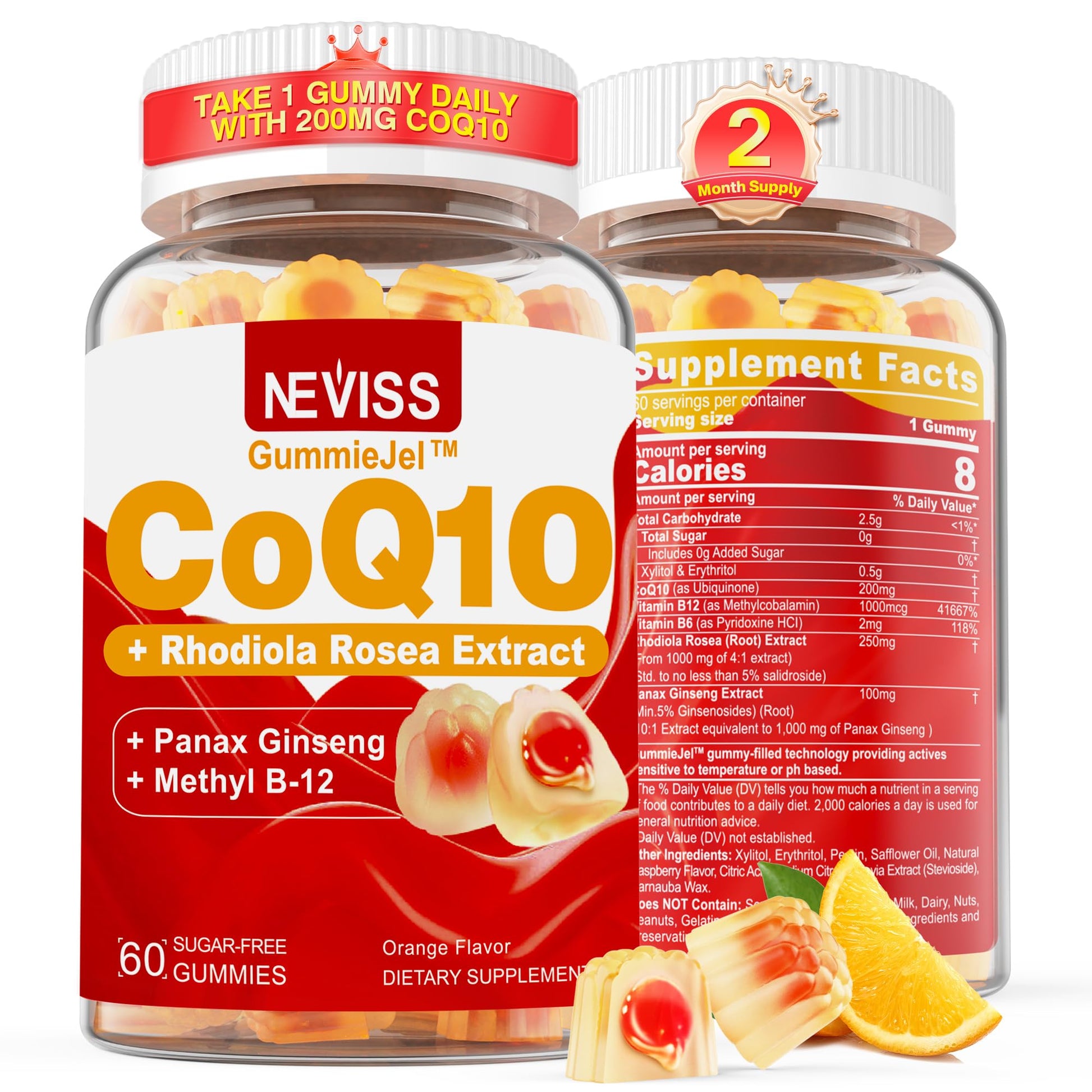 NEVISS Sugar Free CoQ10 200mg/400mg + Rhodiola Rosea Gummies, 60 Count