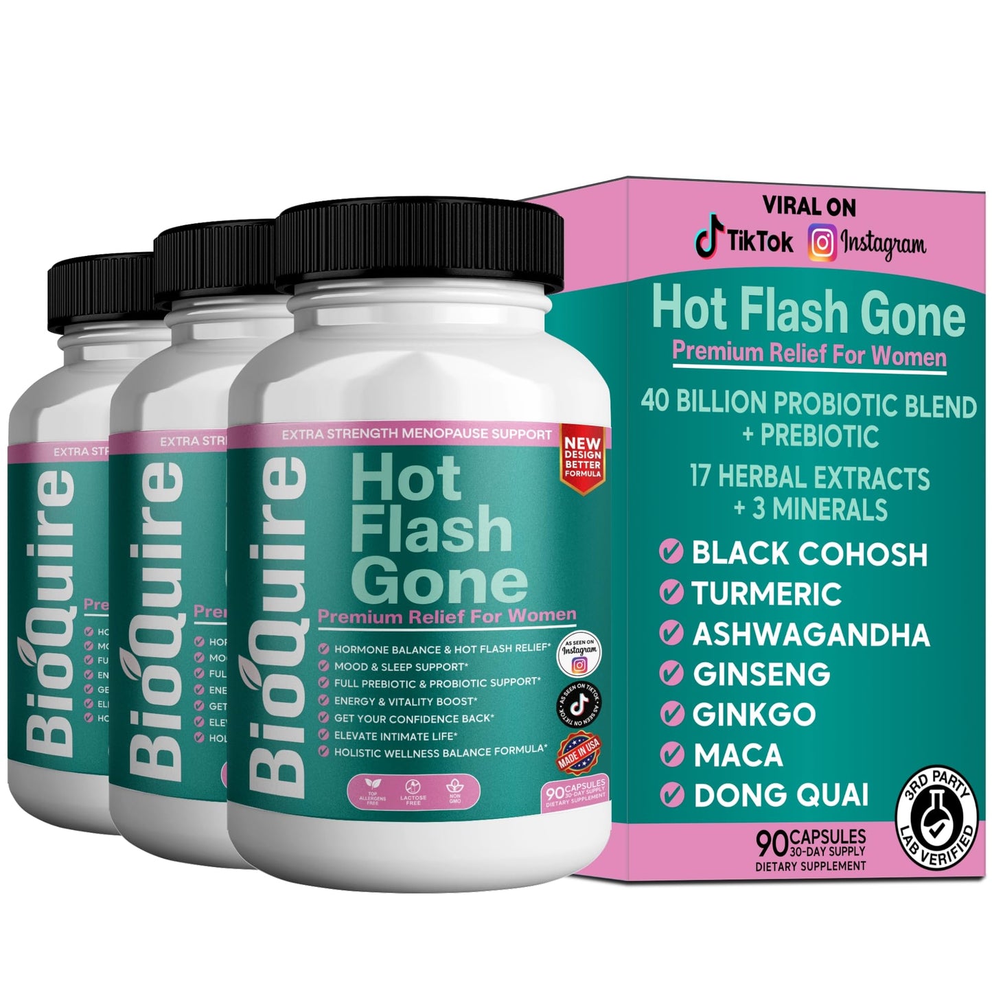 BIOQUIRE Hot Flash Gone Menopause Support for Women 90 Capsules