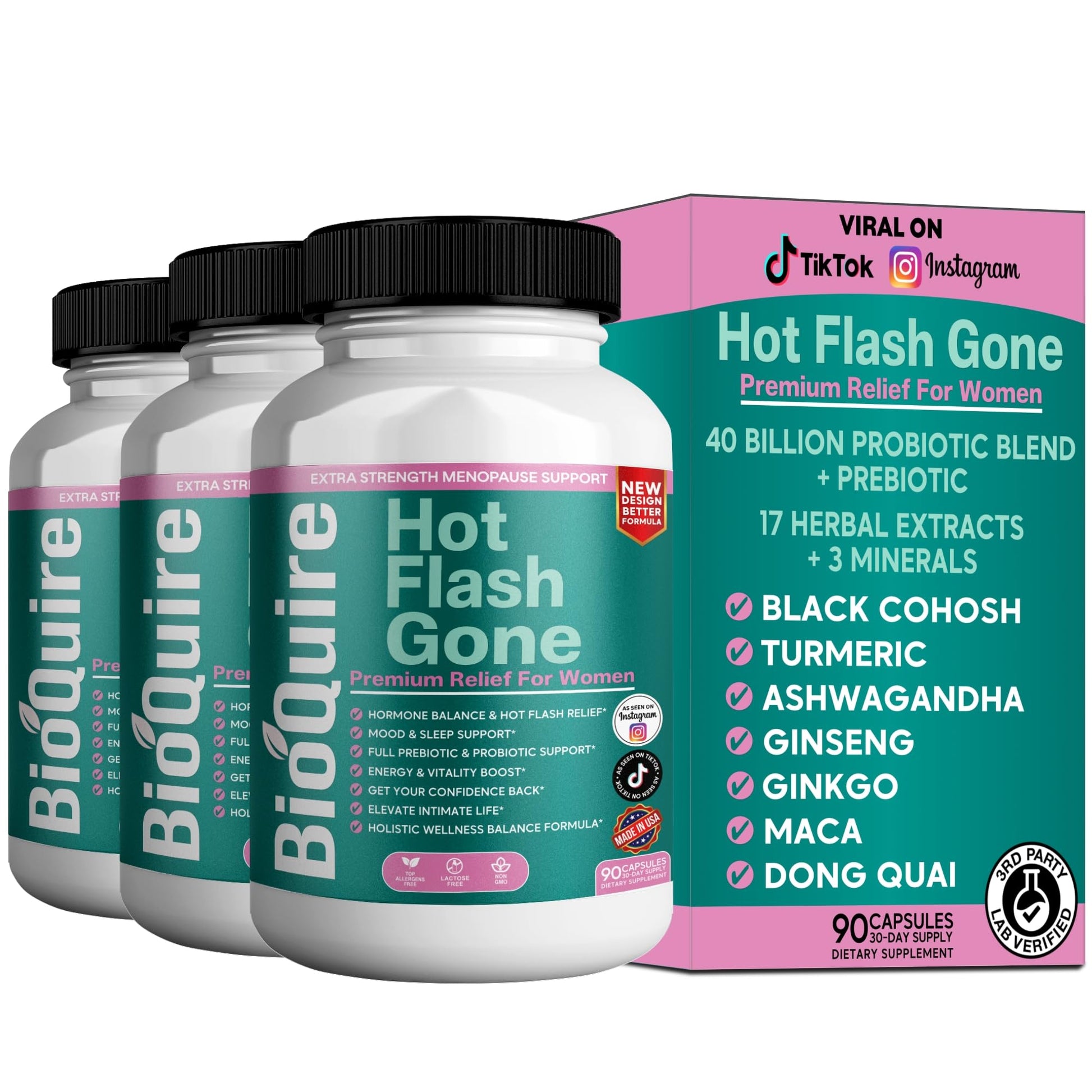 BIOQUIRE Hot Flash Gone Menopause Support for Women 90 Capsules