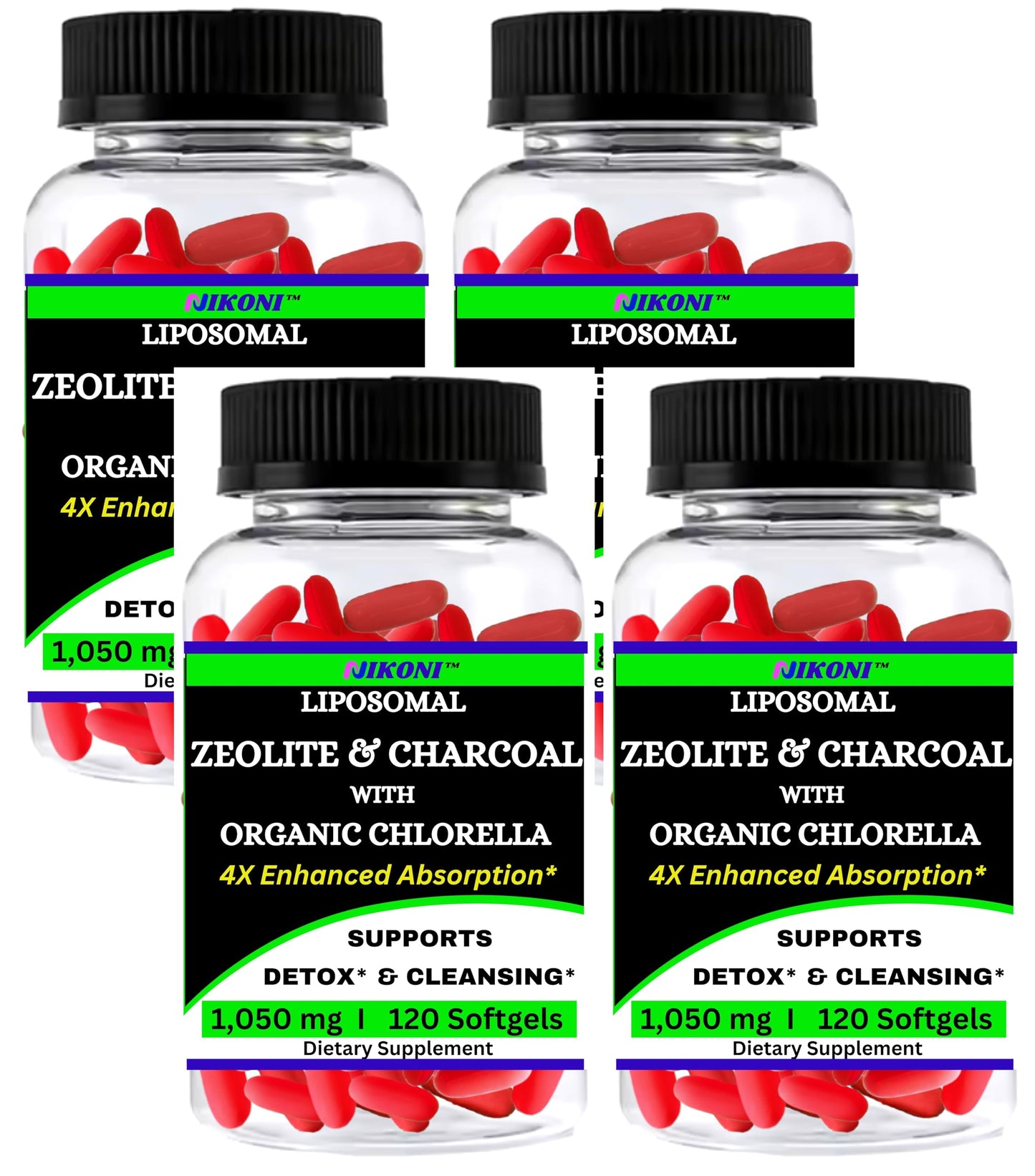 Nikoni Liposomal Zeolite, Activated Charcoal & Organic Chlorella Detox Capsules, 480 Capsules