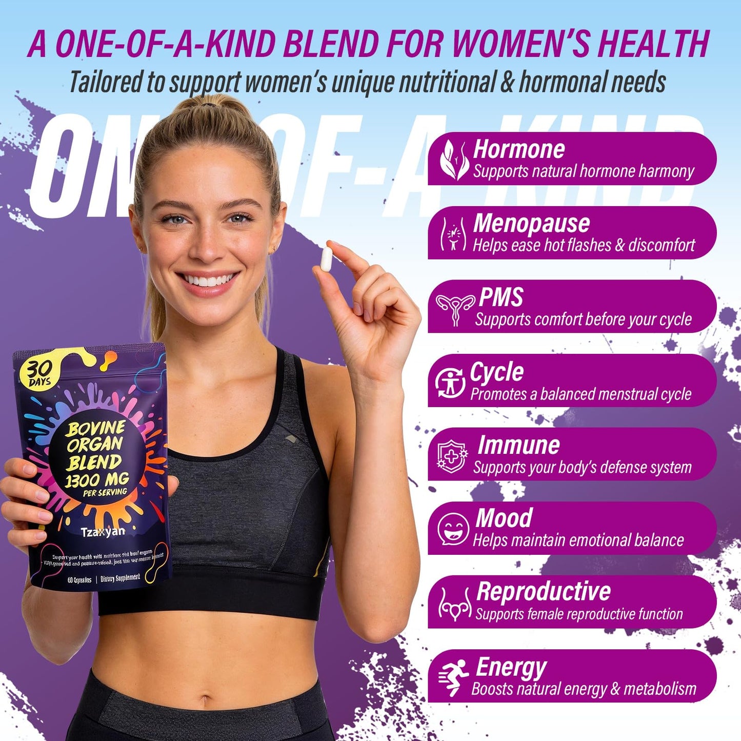 Tzaxyan Pure Beef Organ Supplement for Women 20-in-1 Grass Fed Beef Liver, Uterus, Ovary, Kidney, Heart & Fallopian Tubes with Maca, DIM, Black Cohosh Capsule 60 Count