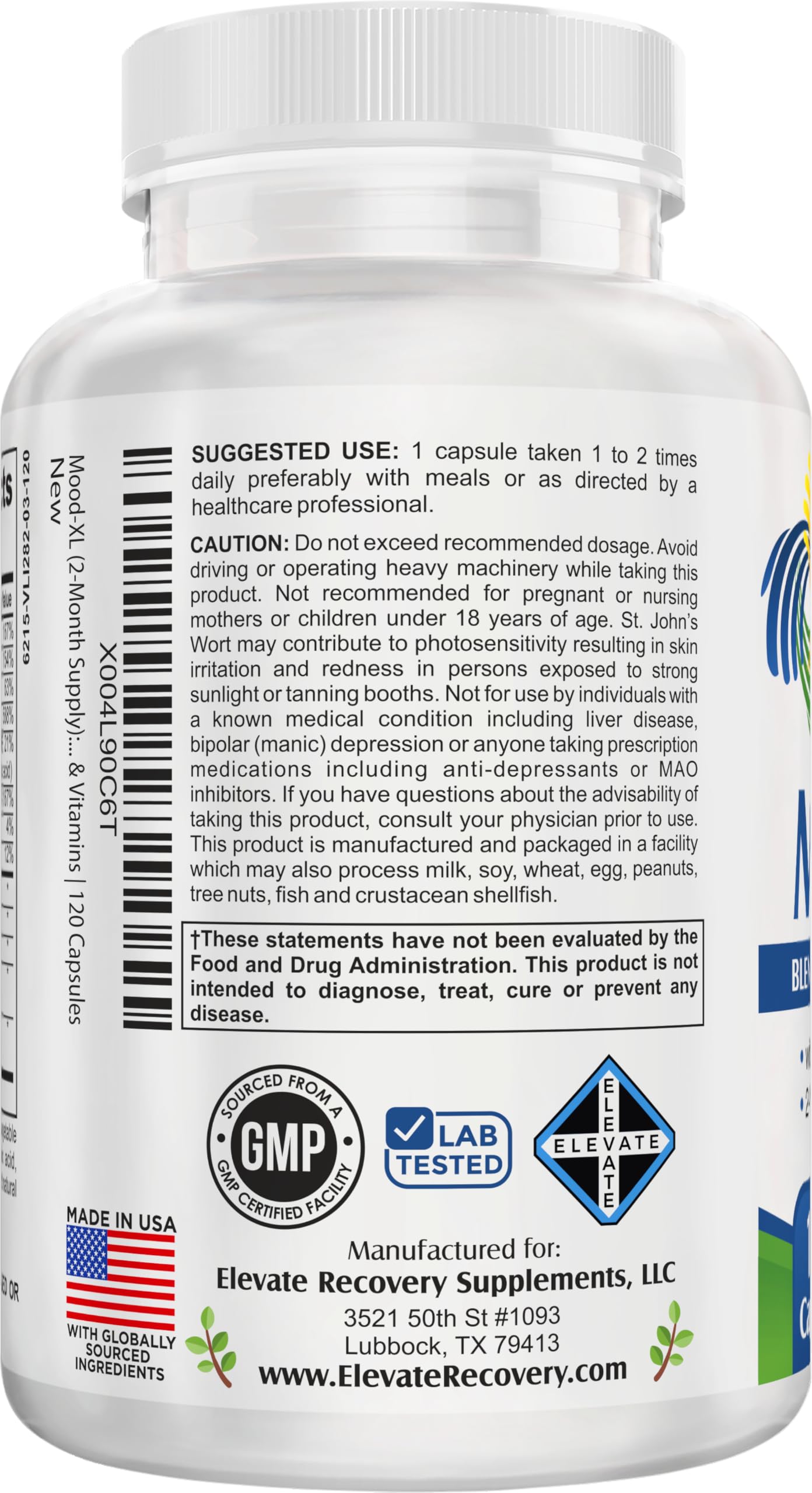 Elevate Recovery Supplements Mood-XL 2-Month Mood Support Supplement Capsules 120 Capsules