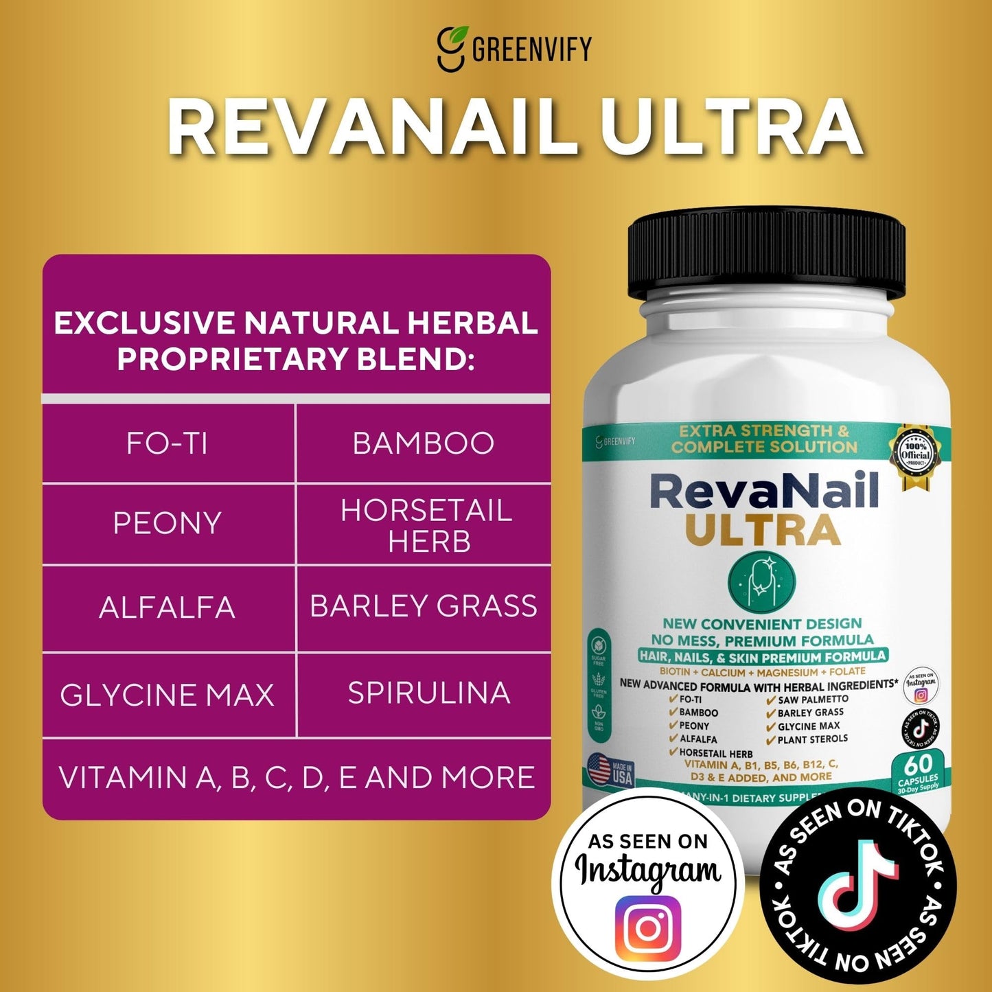 GREENVIFY RevaNail Ultra Hair, Nails & Skin Formula Capsules, 60 Capsules