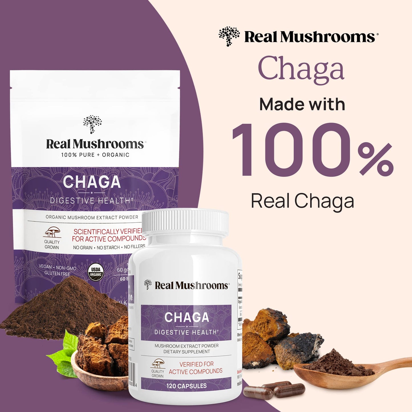Real Mushrooms Vitamin D2, Zinc and Chaga with Reishi Bundle 120 Capsules