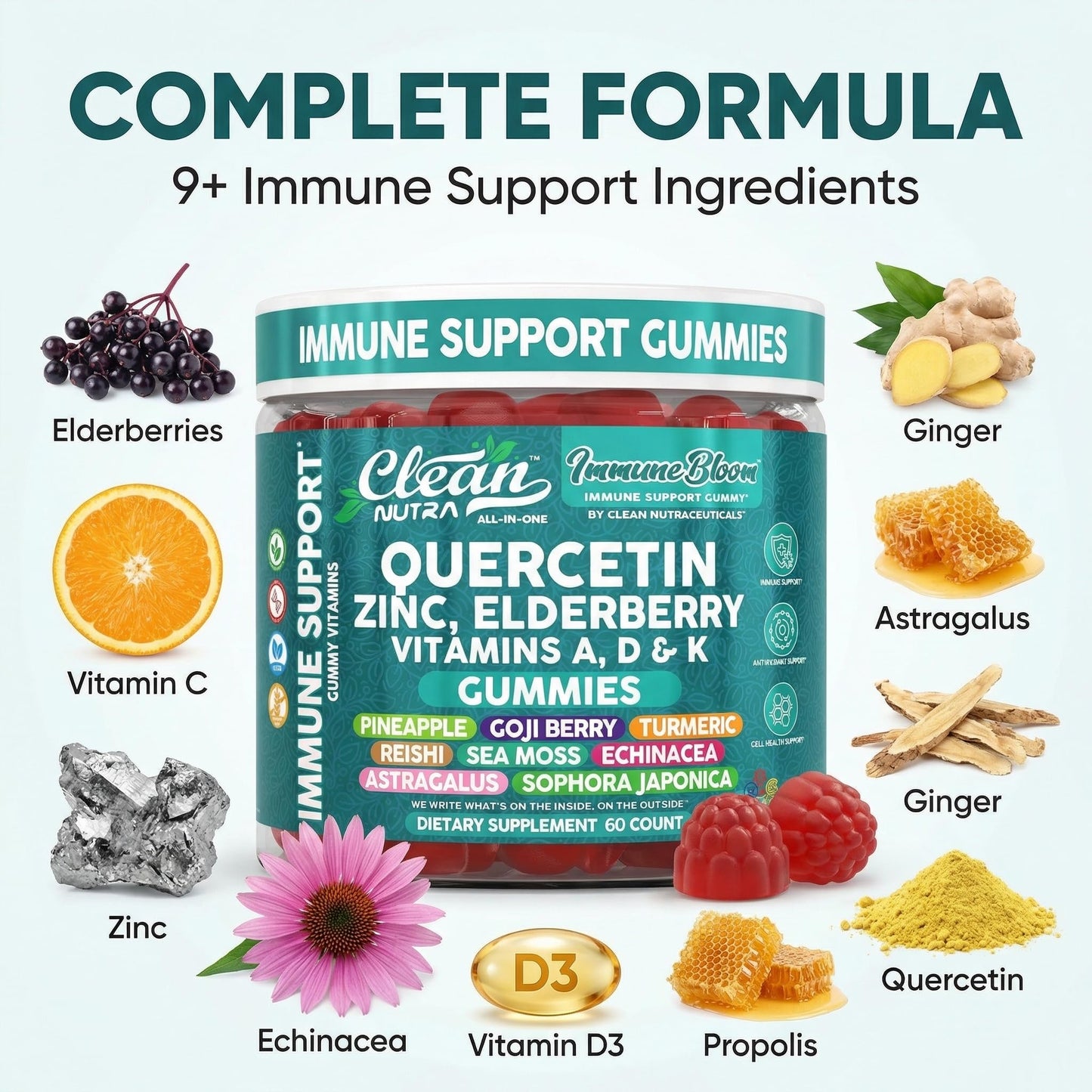 Clean Nutraceuticals Quercetin Elderberry Immune Support Gummies, 60 Count