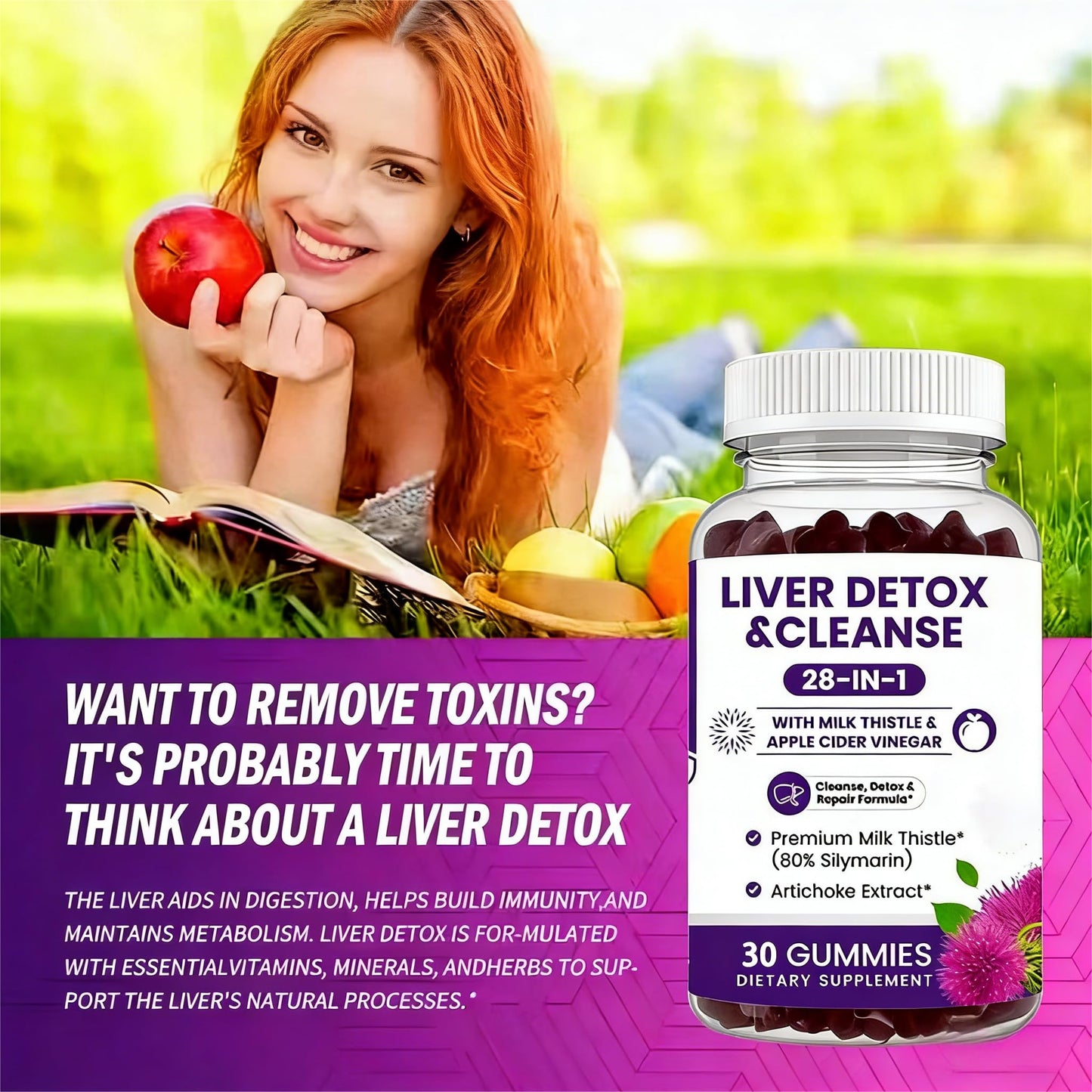 Biduka 28-in-1 Formula Liver Cleanse Detox & Repair Gummies with Milk Thistle & Apple Cider Vinegar, 30 Count