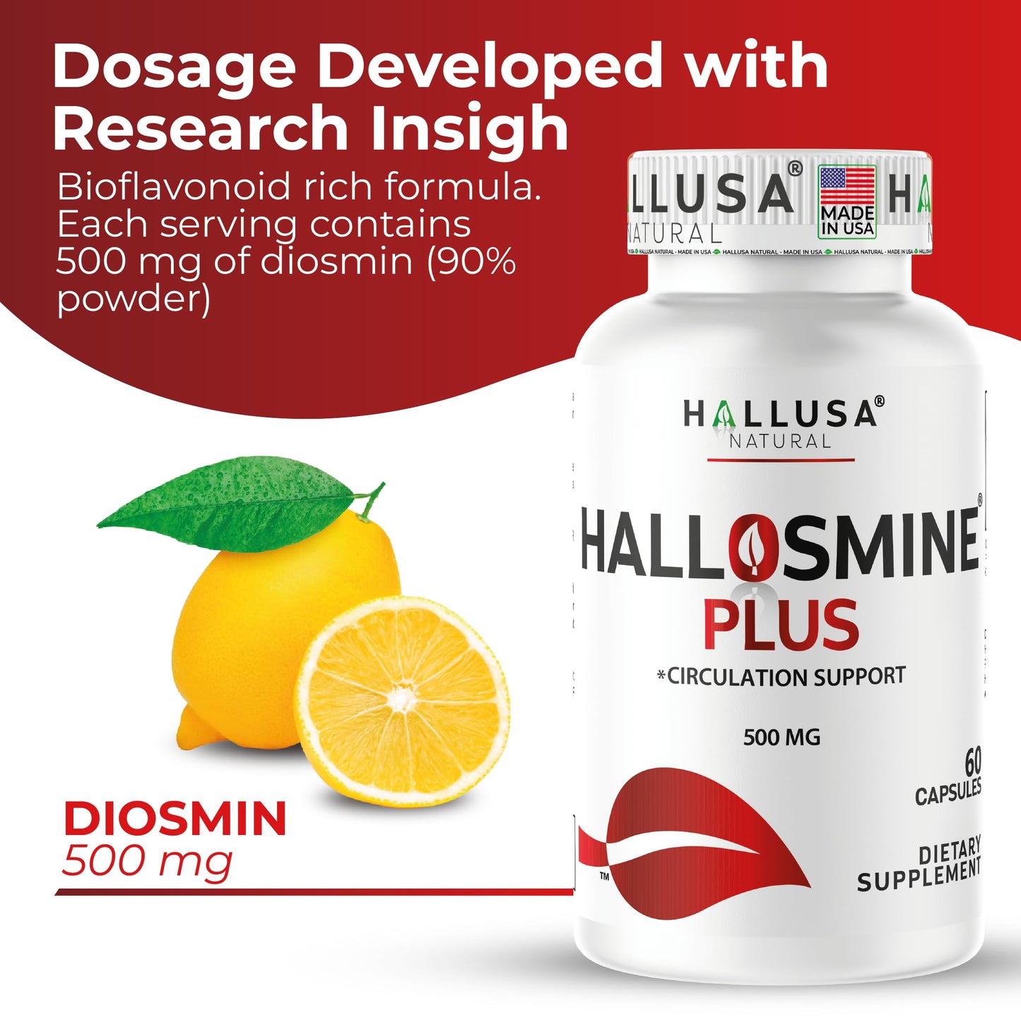 Hallusa Natural Hallosmine Plus Circulation & Vein Support, 60 Capsules
