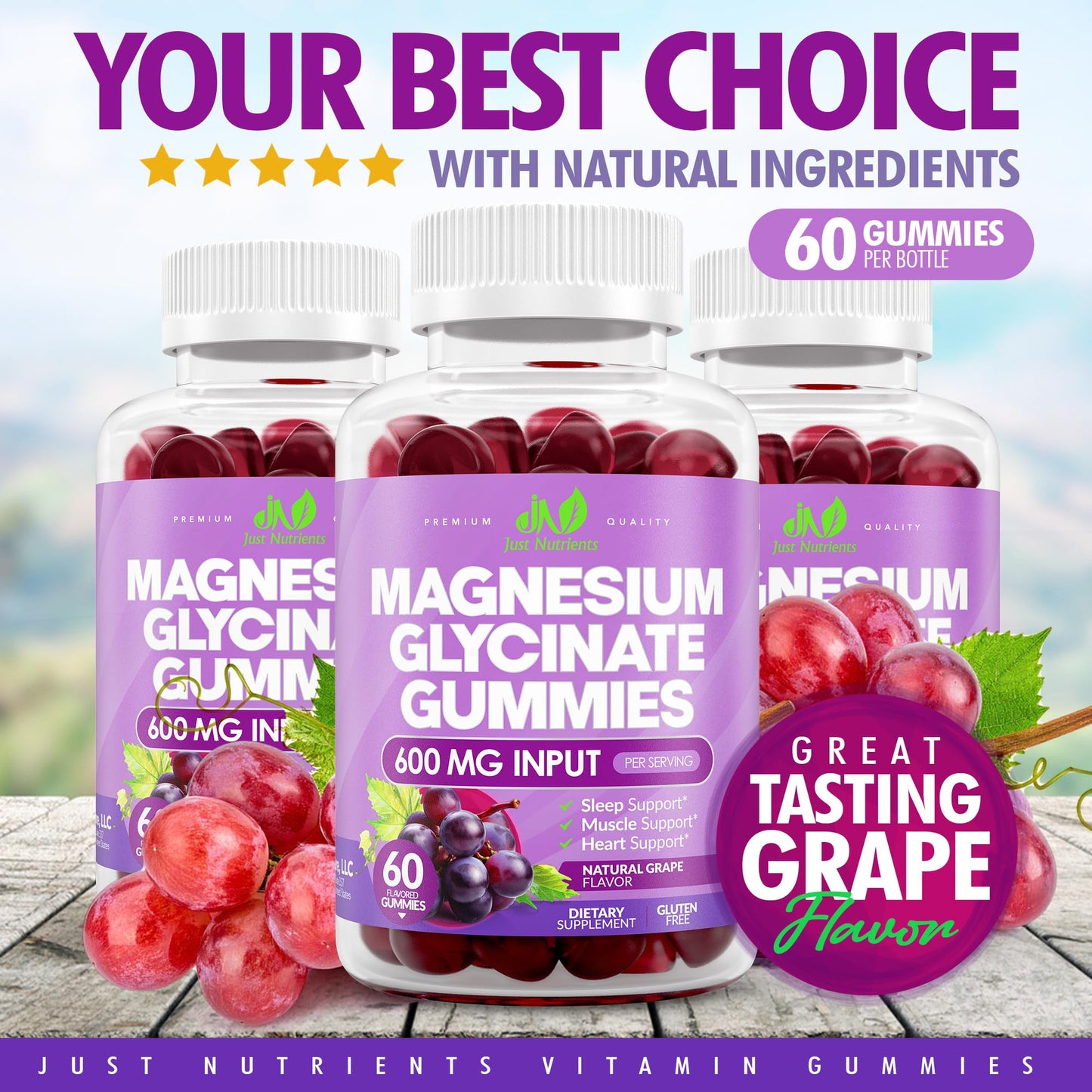 Just Nutrients Magnesium Glycinate 600mg Gummies, 60 Count