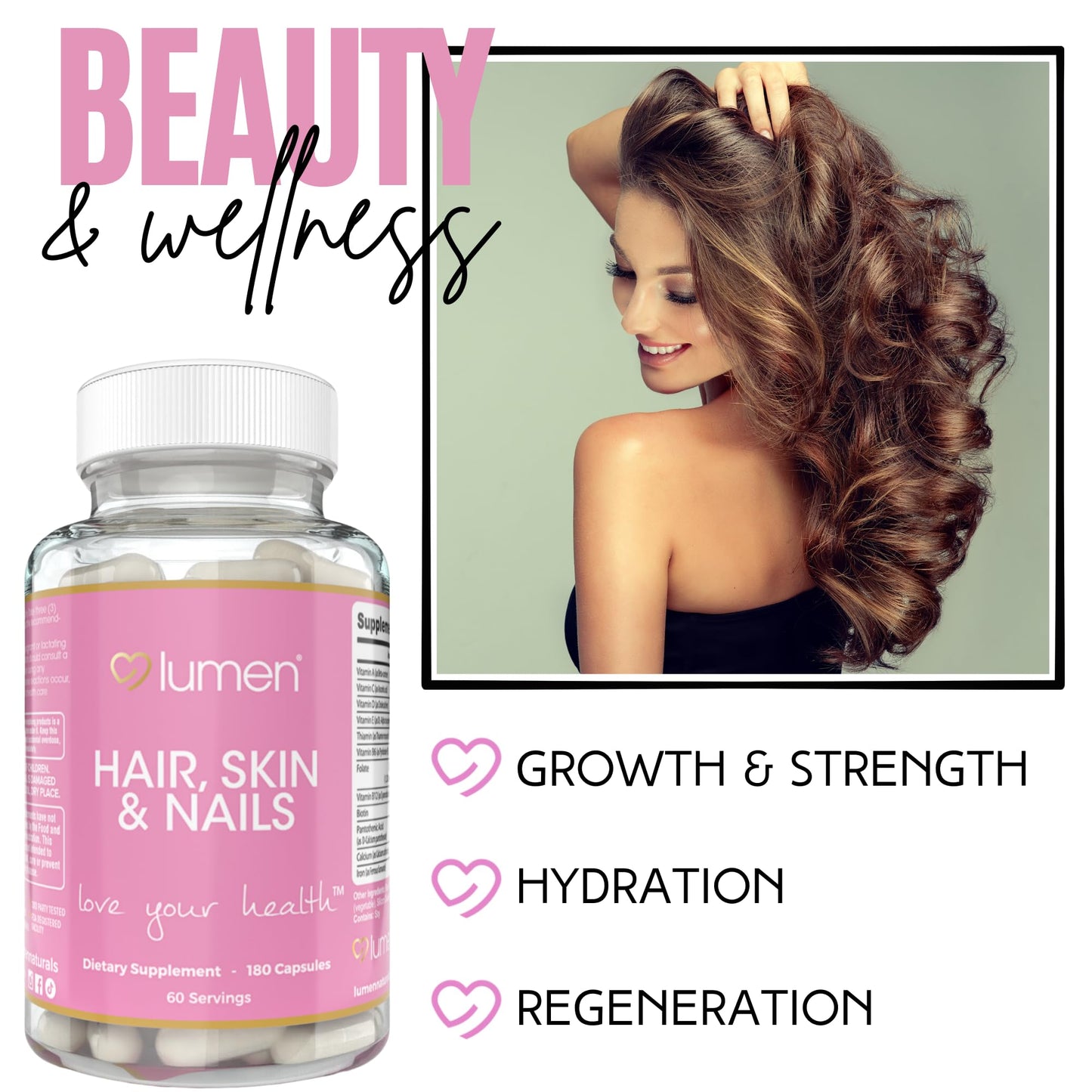 Lumen Naturals Hair, Skin & Nails for Women with Biotin, Folate, Vitamins B6, B12, A, C, D & E 180 Capsules