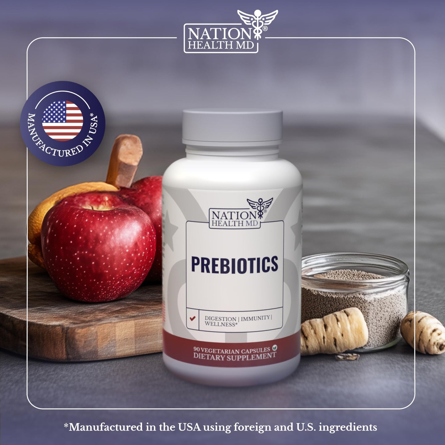 NATION HEALTH MD Prebiotics Supplement for Gut Health & Digestion - Prebiotic Fiber with XOS, Inulin, Chicory Root, Jerusalem Artichoke - Digestive Health Prebiotics for Women & Men, 90 Capsules