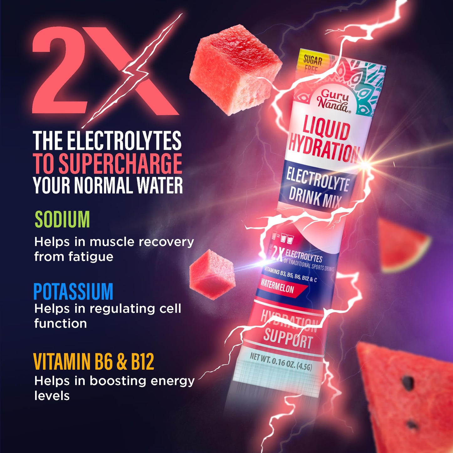 GuruNanda Liquid Hydration Sugar-Free Electrolyte Powder – Natural Watermelon Flavor Electrolyte Drink with Vitamins B & C for Dehydration, Exercise & Energy, Non-GMO, 48 Count
