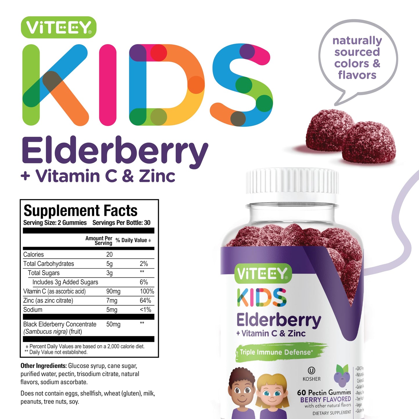 Viteey Sambucus Elderberry Gummies for Kids with Zinc & Vitamin C, 60 Count