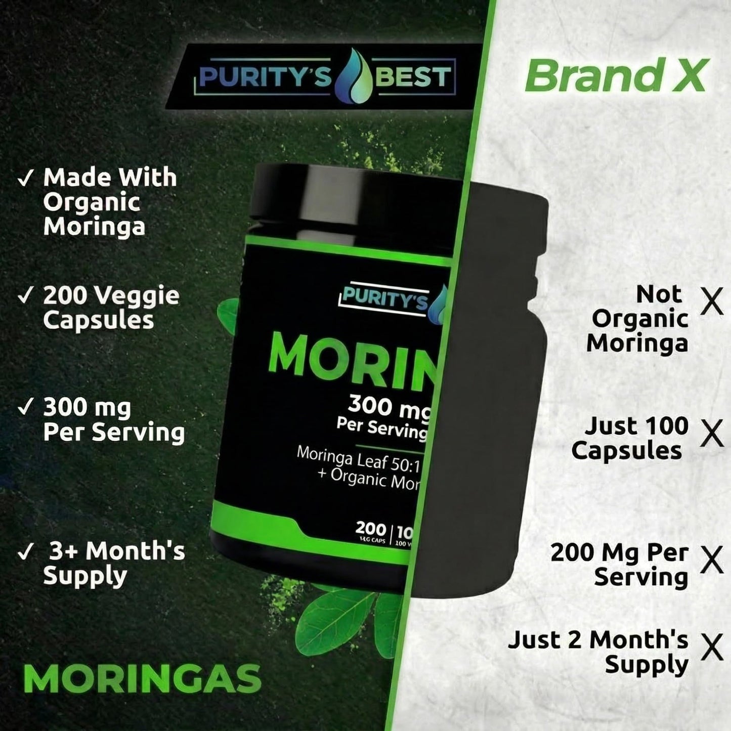 Purity's Best Moringas 50:1 Extract, Concentrated 300 mg Formula with Organic Moringa Leaf, Supports Healthy Energy and Immune Function, 200 Veggie Capsules