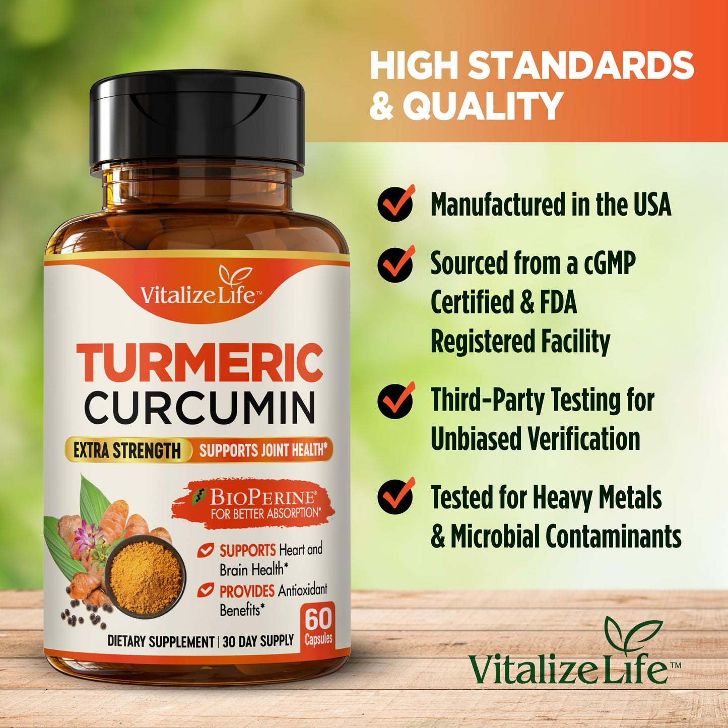 Vitalize Life Organic Turmeric Curcumin Supplement Capsules, 60 Capsules