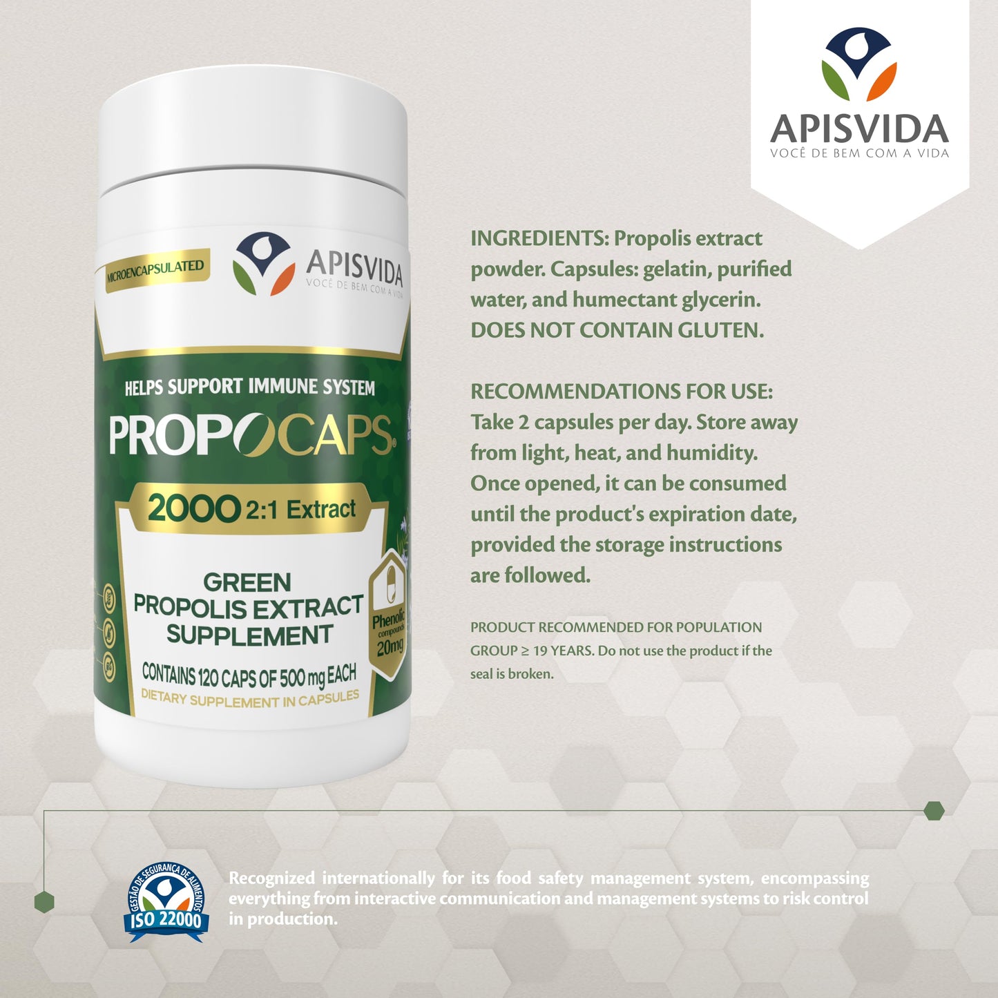 APIS VIDA Green Propolis Extract Capsules PropoCaps 2000 Microencapsulated Immune Support Supplement 20mg Phenolic Compounds per Capsule Rich in Flavonoids Gluten Free, 120 Capsules