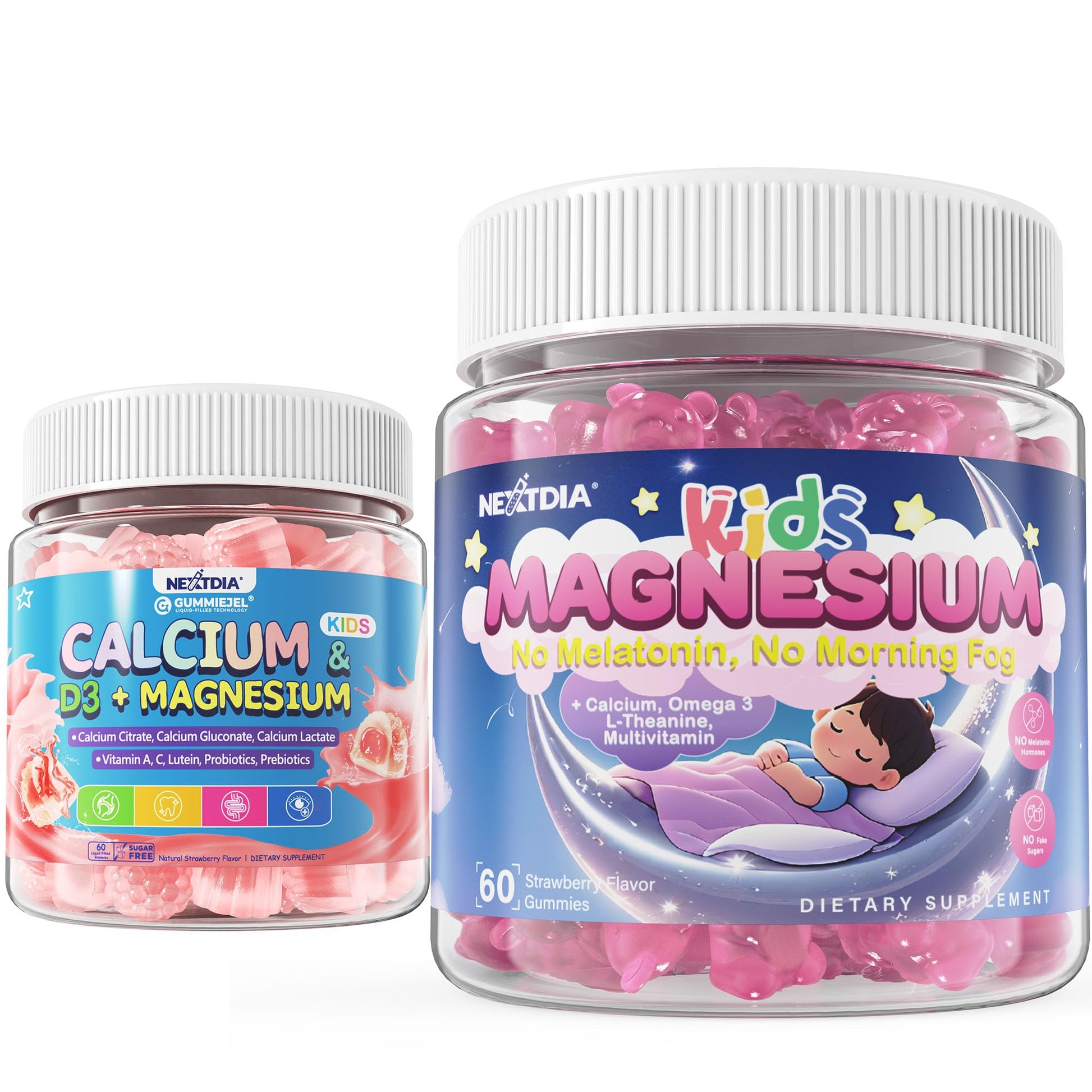 Nextdia Magnesium Gummies for Kids + Calcium Gummies for Kids, Sugar Free, 180 Gummies