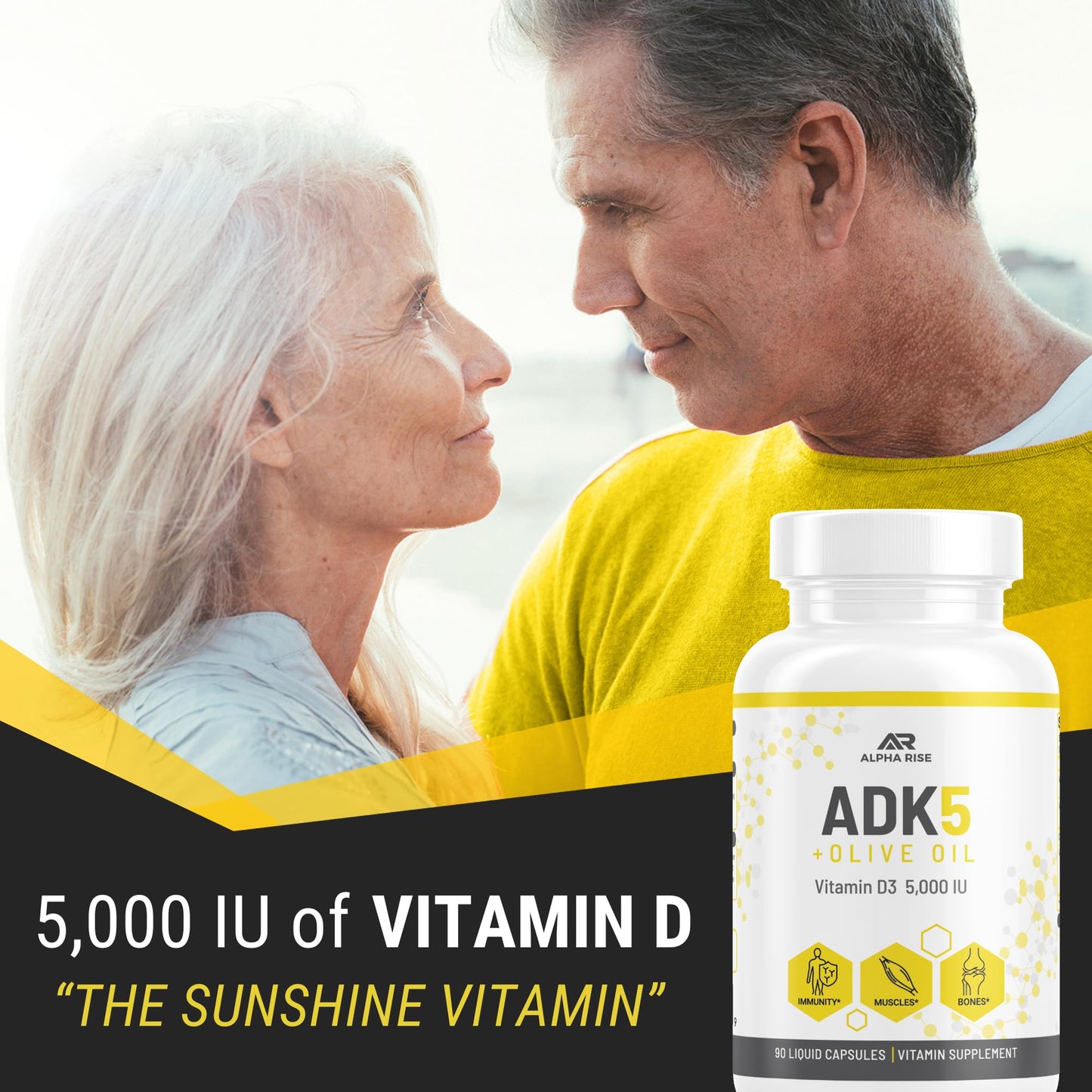 ALPHA RISE ADK Vitamin D3 + K2 with Olive Oil Capsules, 90 Count