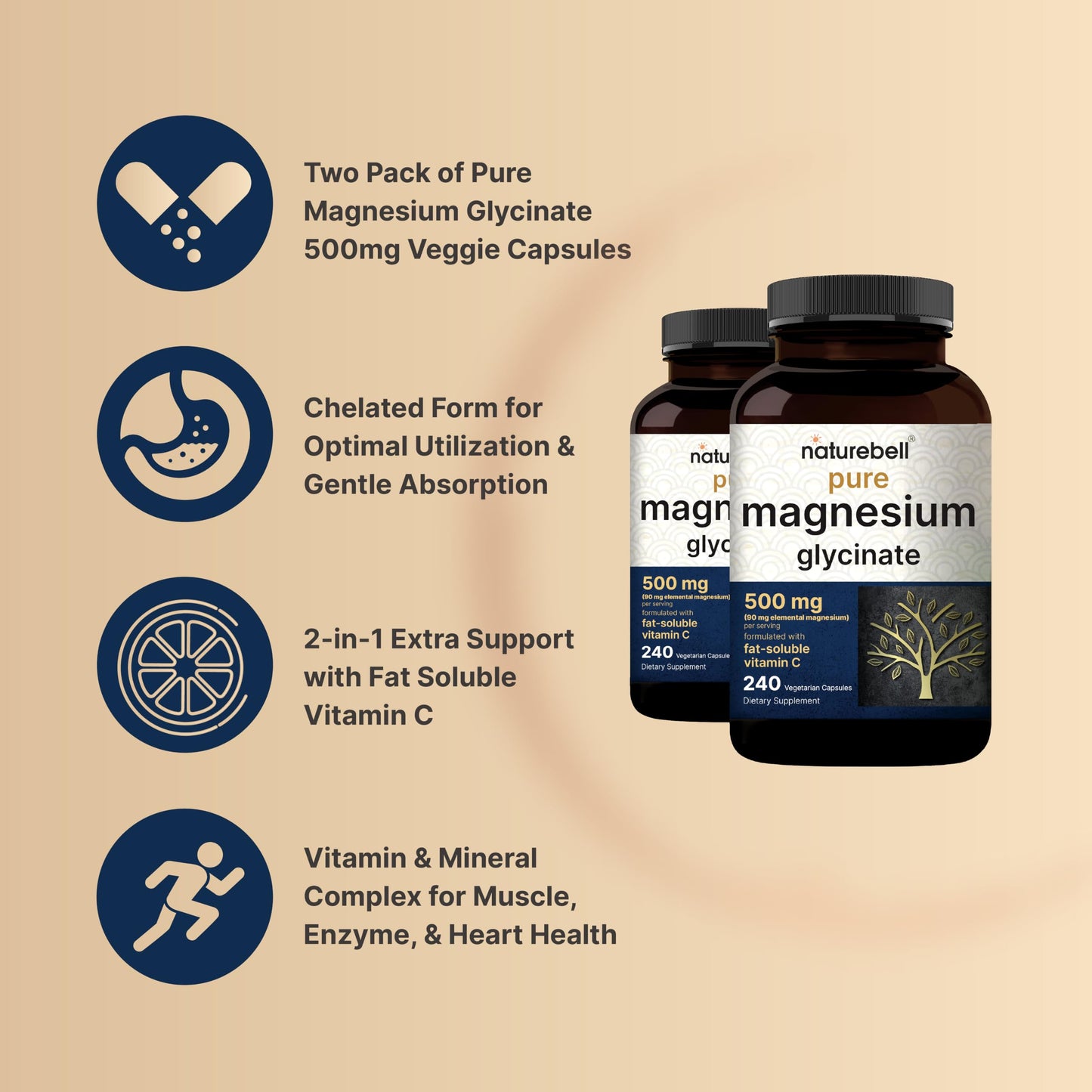 NatureBell Magnesium Glycinate 500mg Capsules, 480 Count
