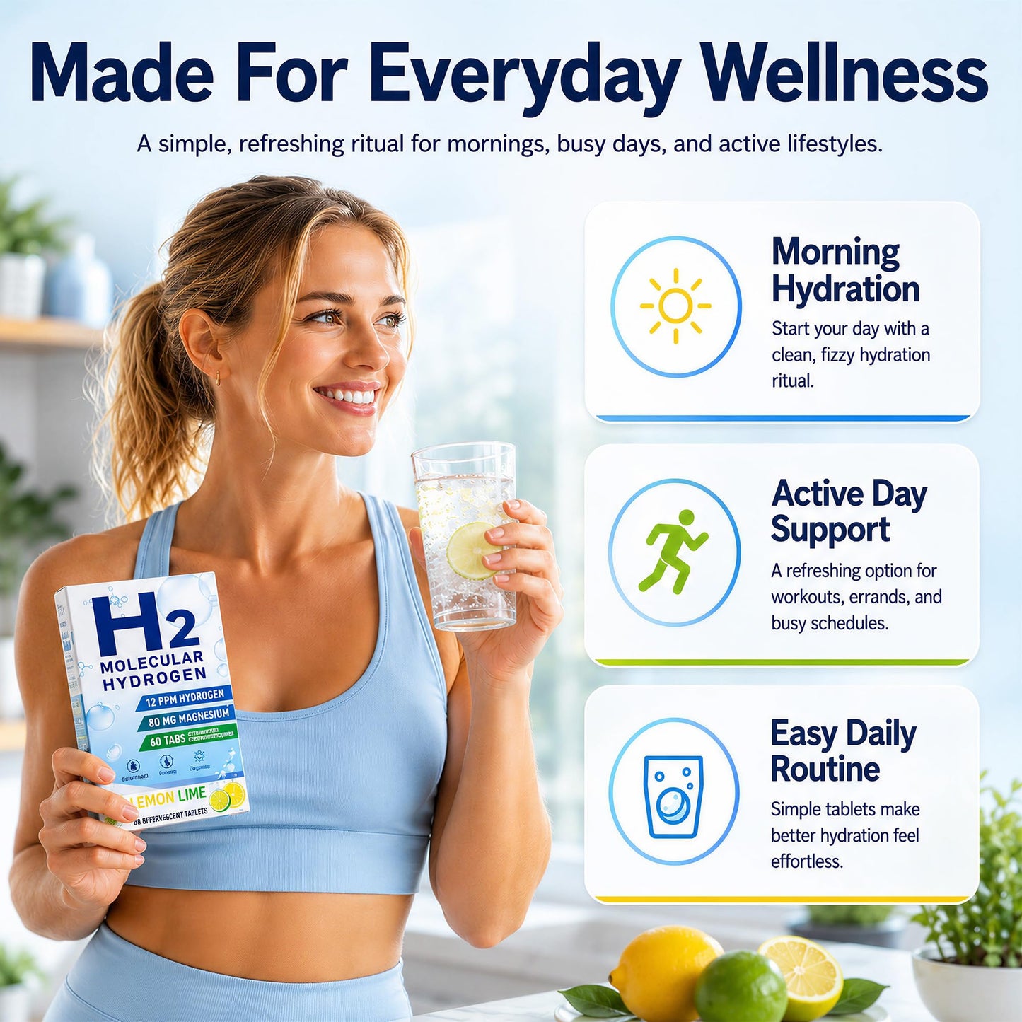 Crobirware Molecular Hydrogen Water Tablets 12 PPM H2 Supplement with Magnesium, Lemon Lime Flavour, Fast-Dissolving for Water, Hydration, Energy & Recovery Support, 60 Tablets