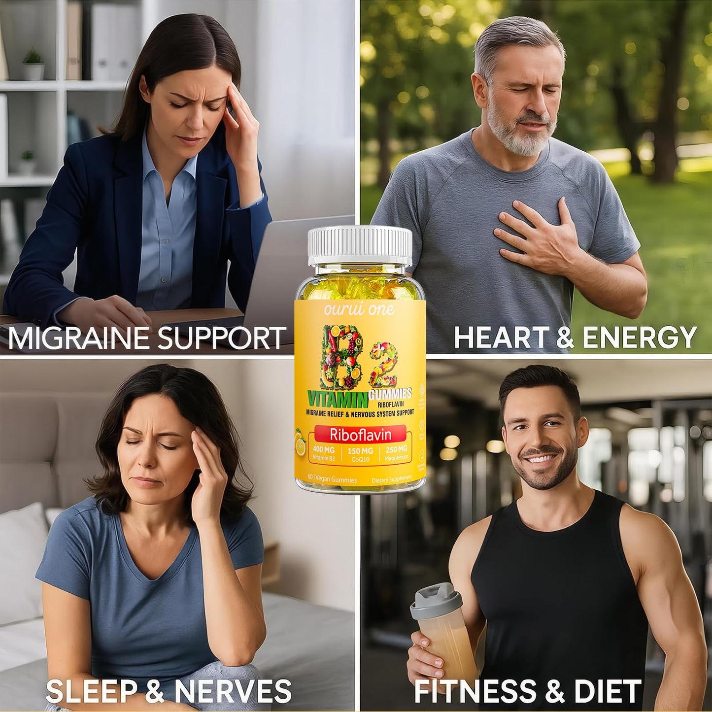 ourui one Vitamin B2 Gummies 400mg Riboflavin with CoQ10 150mg Magnesium 200mg for Kids & Adults, Nervous System & Skin Health, 120 Gummies
