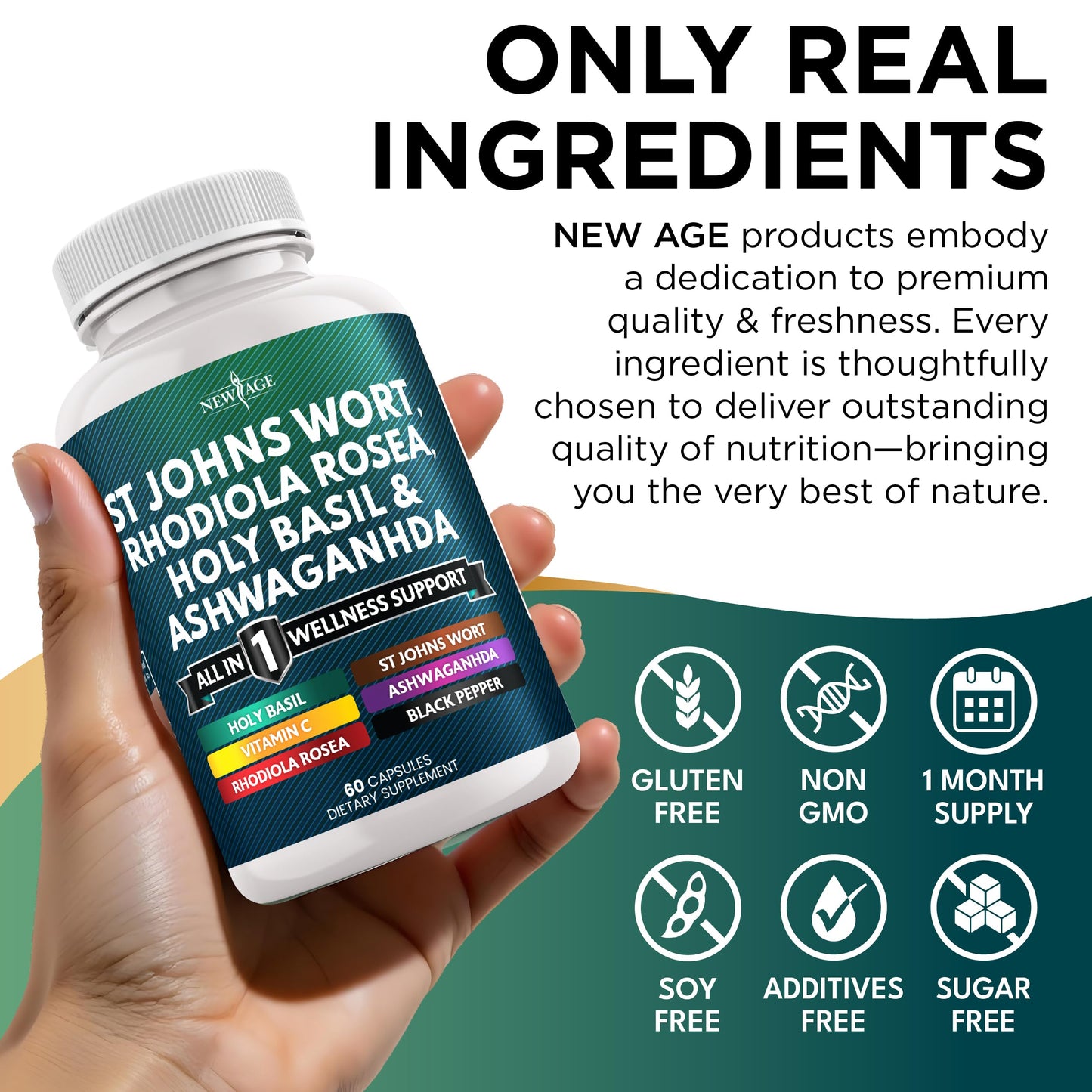 NEW AGE St Johns Wort, Rhodiola Rosea, Holy Basil, Ashwagandha Capsules, 60 Count