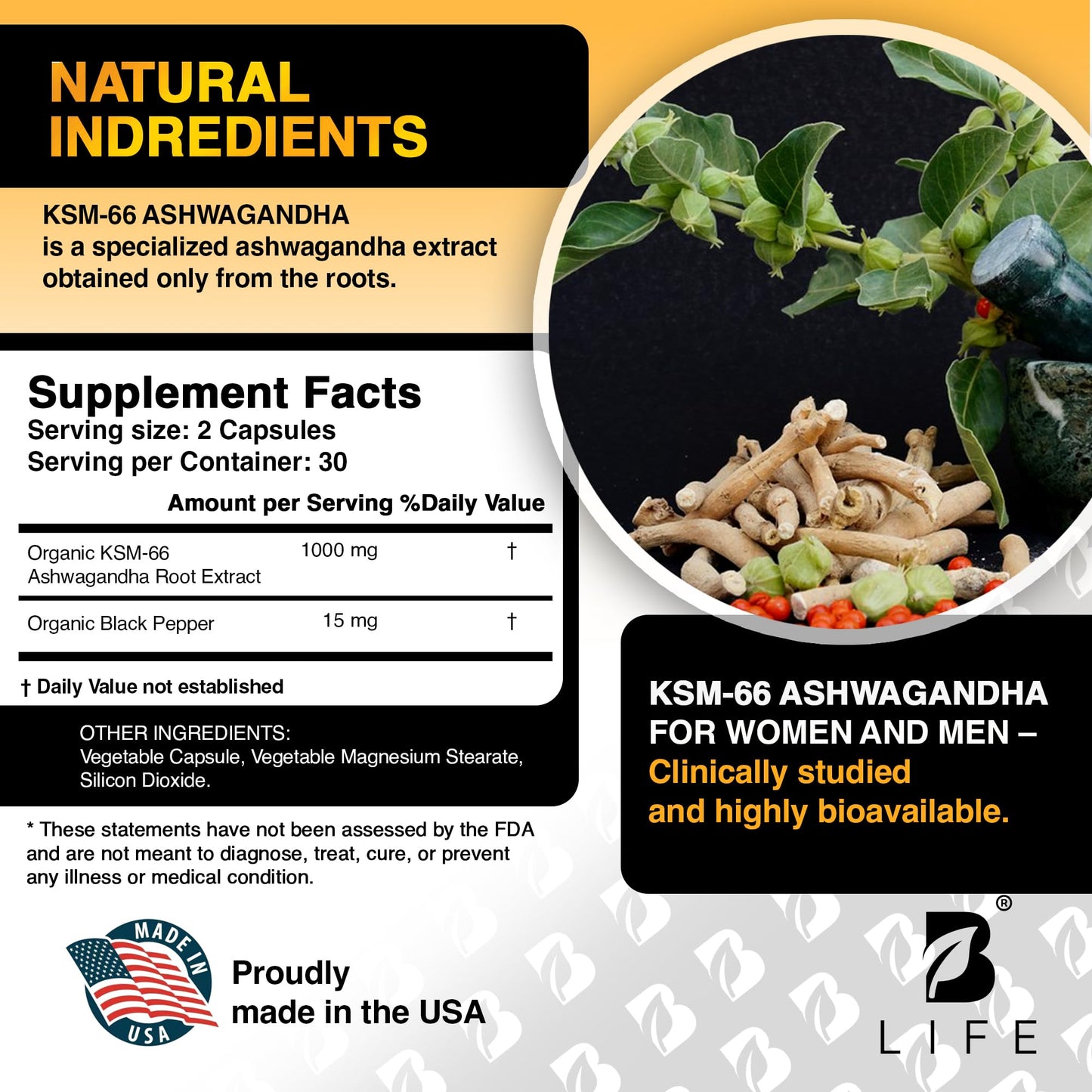 B Life Company Organic Ashwagandha KSM-66 1000 mg Capsule, 60 Count