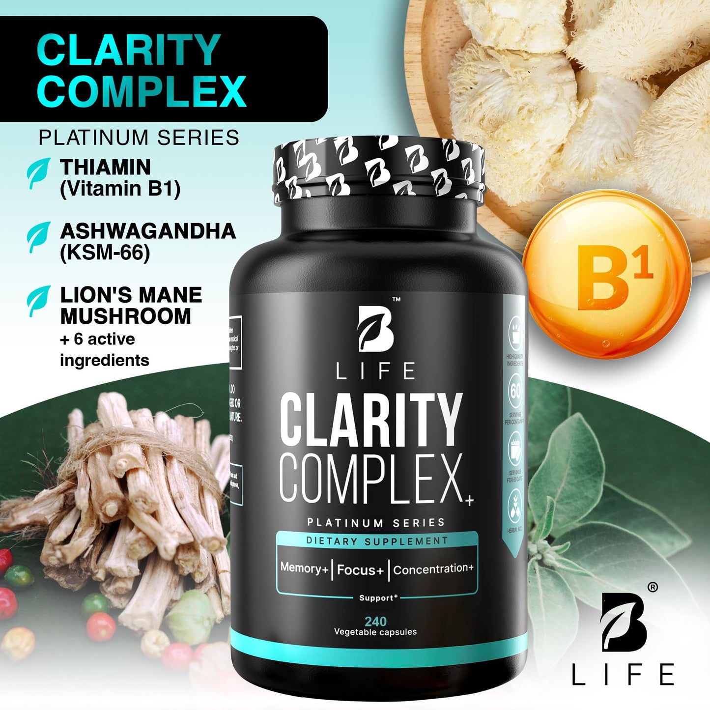 B Life Company Lion’s Mane Mushroom Capsules 240 Capsules