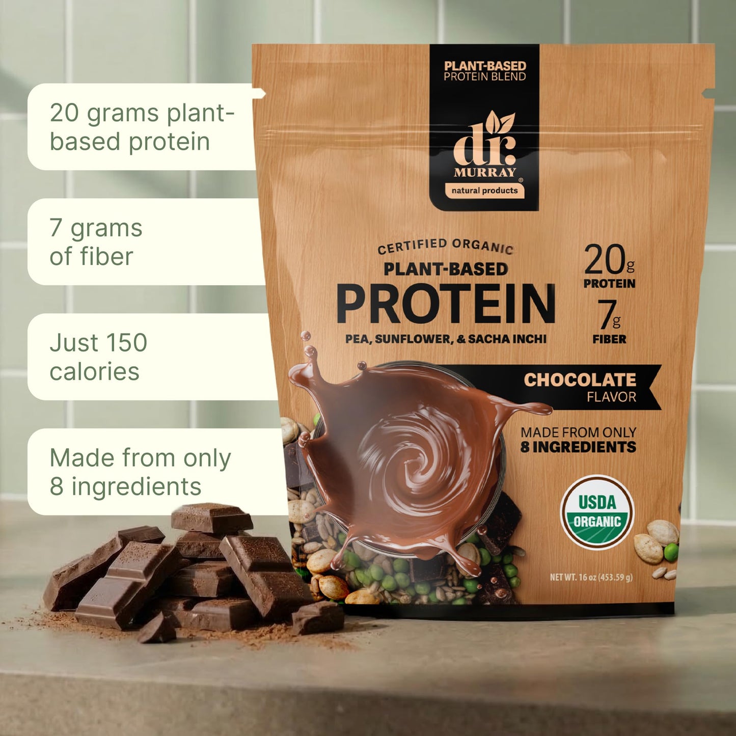 Dr. Murray Natural Products Organic Plant Based Protein Powder Chocolate Powder, 16