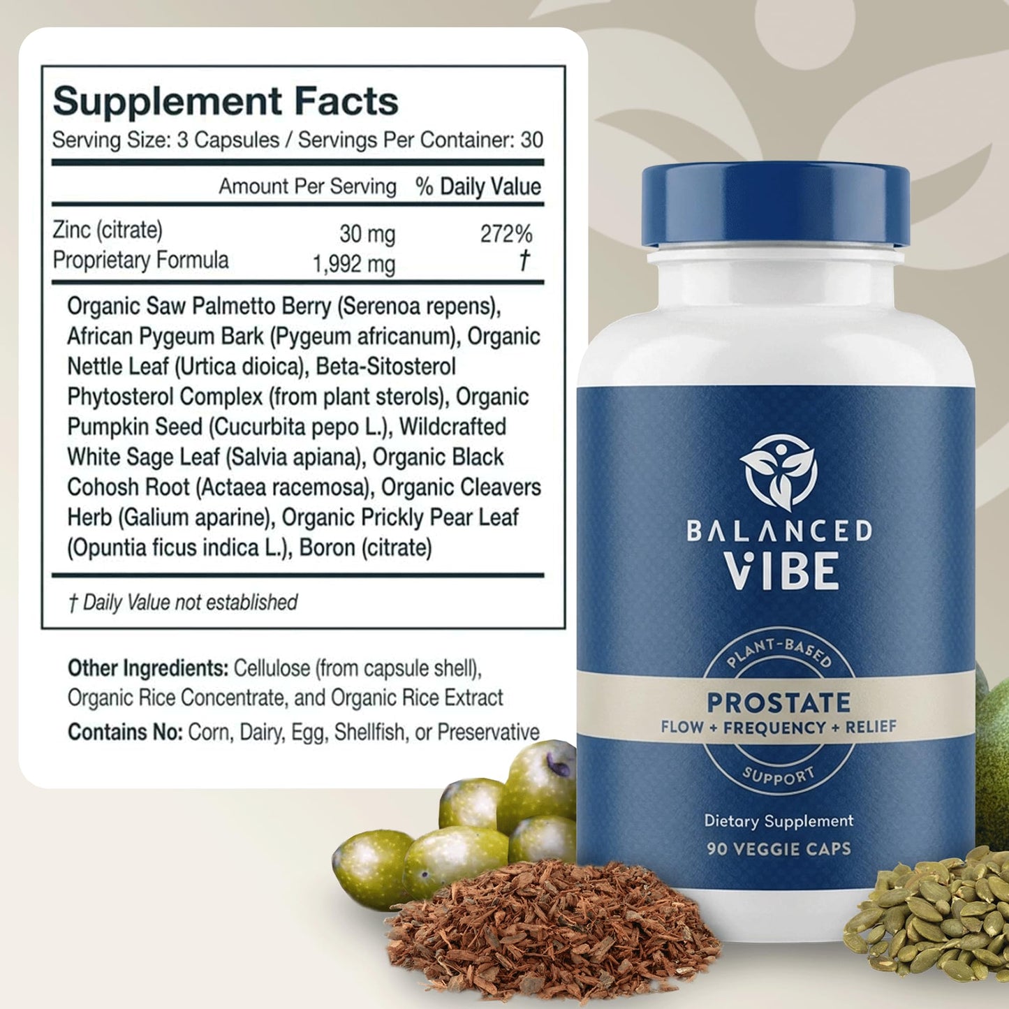 Balanced Vibe 11-in-1 Prostate Supplement for Men with Saw Palmetto, Pygeum, Beta-Sitosterol & Pumpkin Seed, Supports Prostate Health, Urinary Flow & Bladder Comfort, Vegan, GMO Free, 90 Capsules