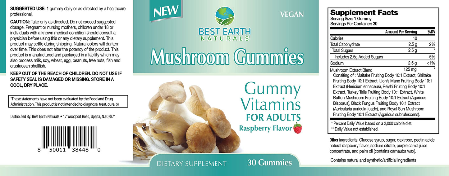 Best Earth Naturals Mushroom Gummy Vitamins Supplement for Energy & Clarity, 30 Gummies