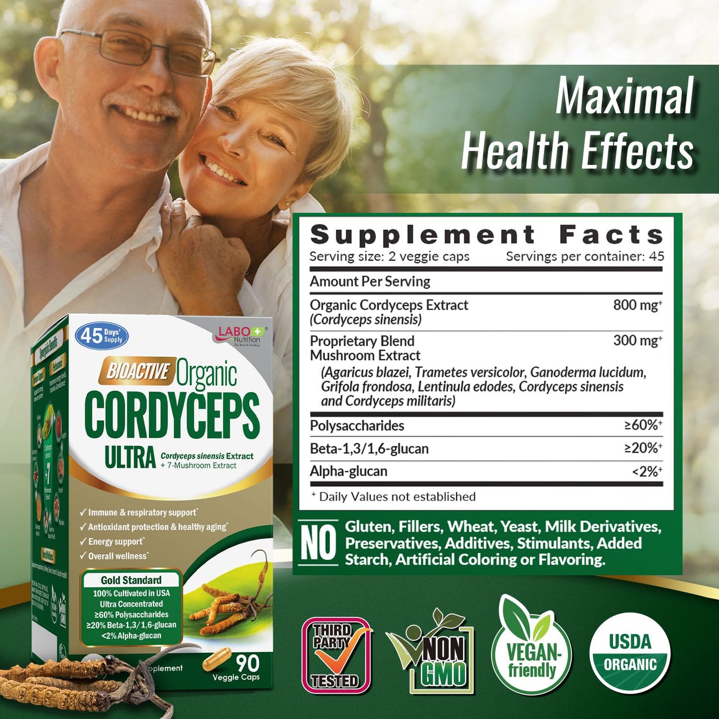 LABO Nutrition Bioactive Organic Cordyceps Ultra – 8 Mushroom Extract Supplement Capsules 90 Count