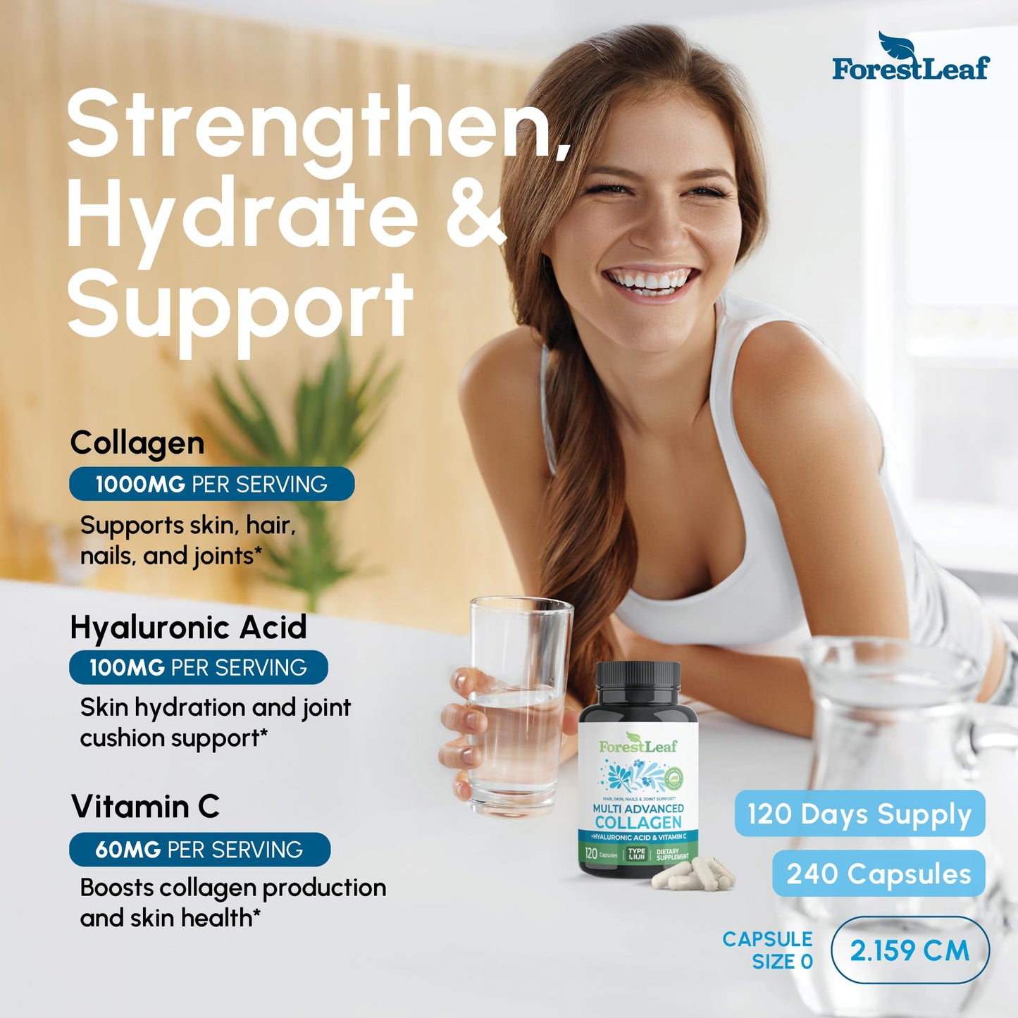 ForestLeaf Multi Collagen Capsules with Hyaluronic Acid + Vitamin C, 240 Capsules
