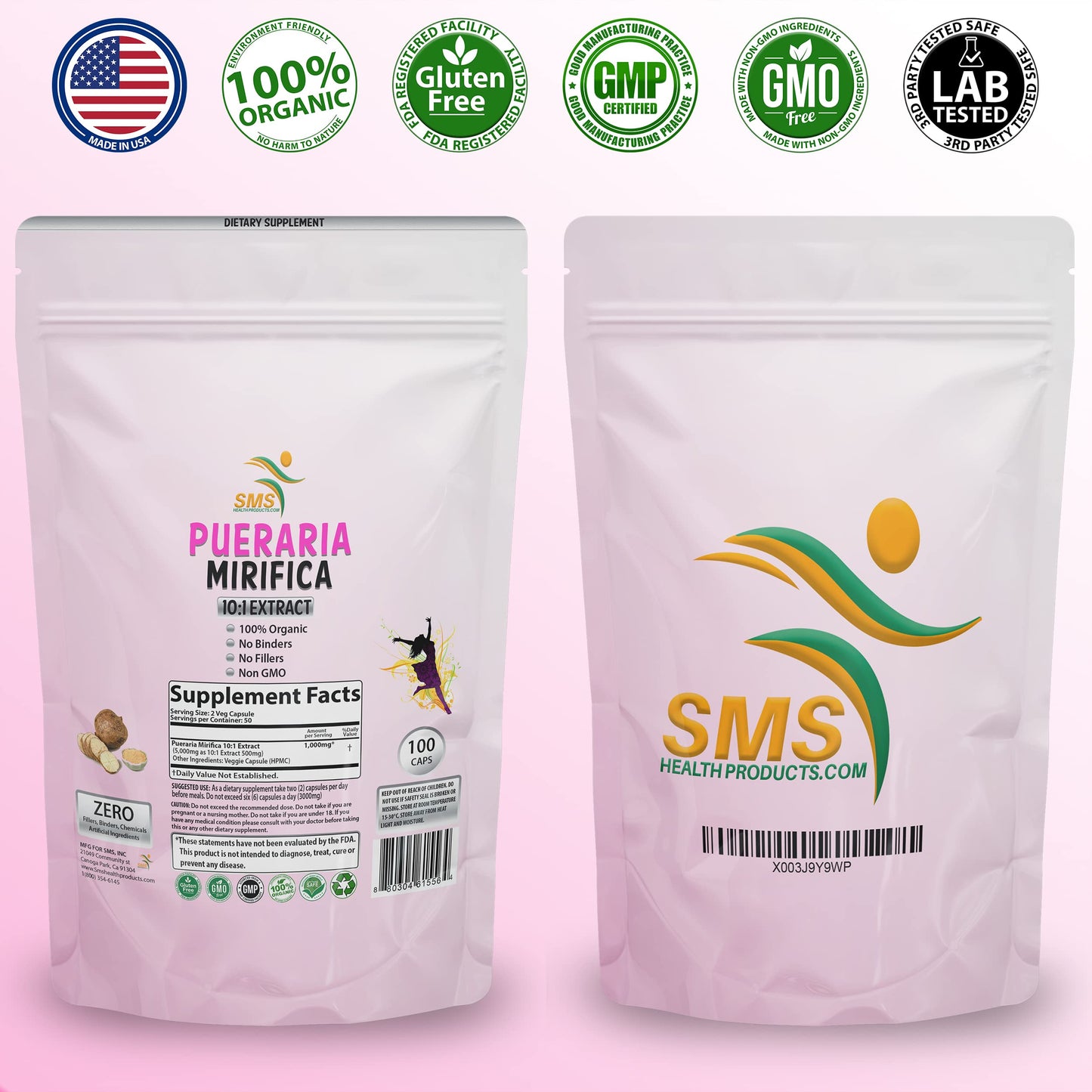 SMSHEALTHPRODUCTS.com Pueraria Mirifica (Kwao Krua Kao) 1000mg Equivalent 10:1 Extract Capsules, 100 Veggie Capsules