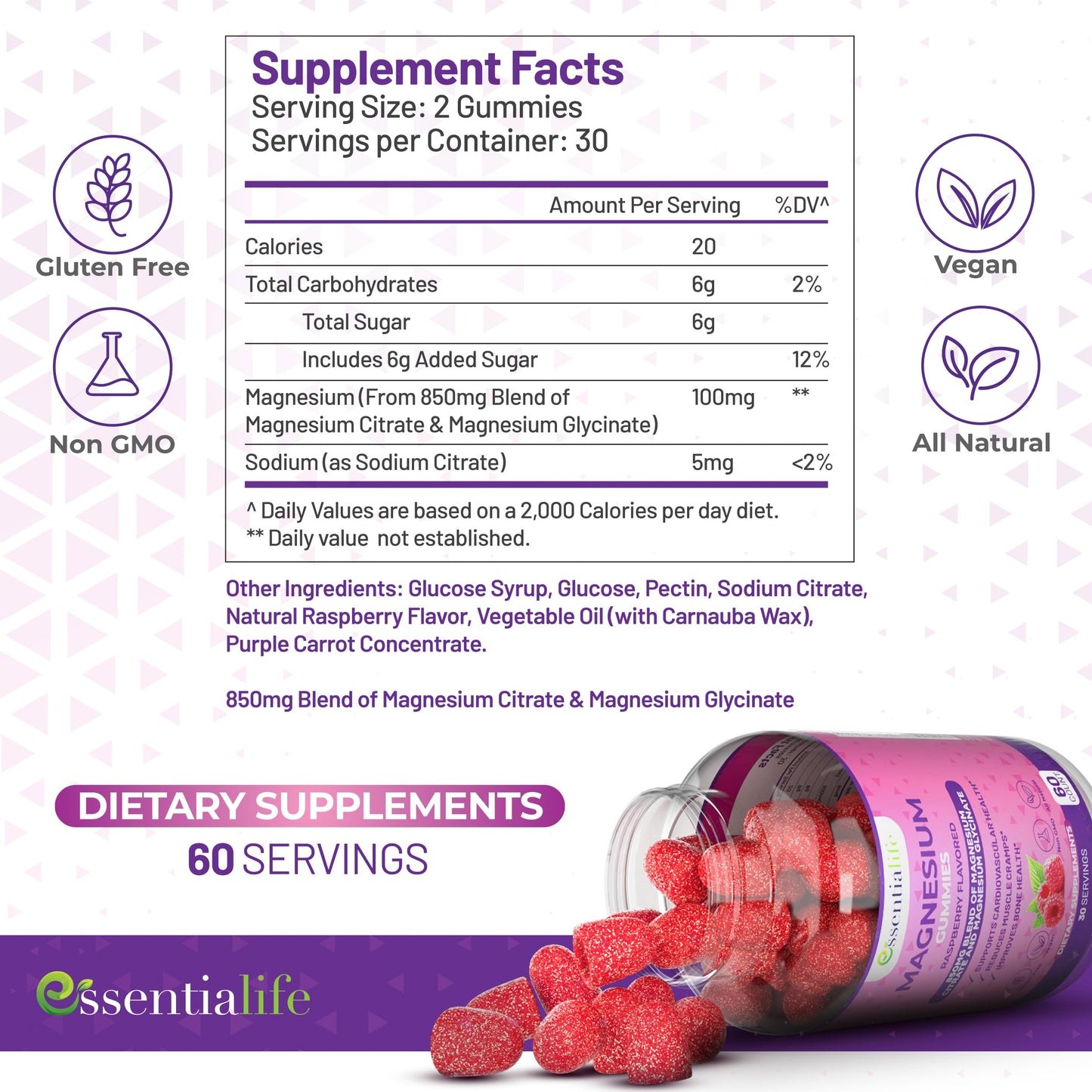 Essentialife Magnesium Gummies 100mg per serving, Magnesium Citrate & Glycinate Blend, Supports Sleep & Digestive Health, 120 Gummies
