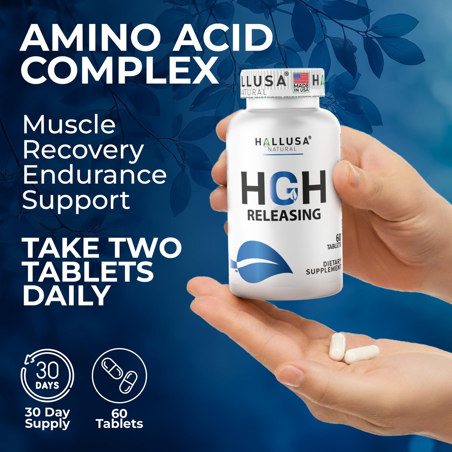 Hallusa Natural HGH-Releasing Support Supplement with L-Arginine & Ornithine, Nitric Oxide Support for Muscle Recovery, Energy & Performance, Amino Acid Complex with Vitamin B3 & Chromium, 60 Tablets