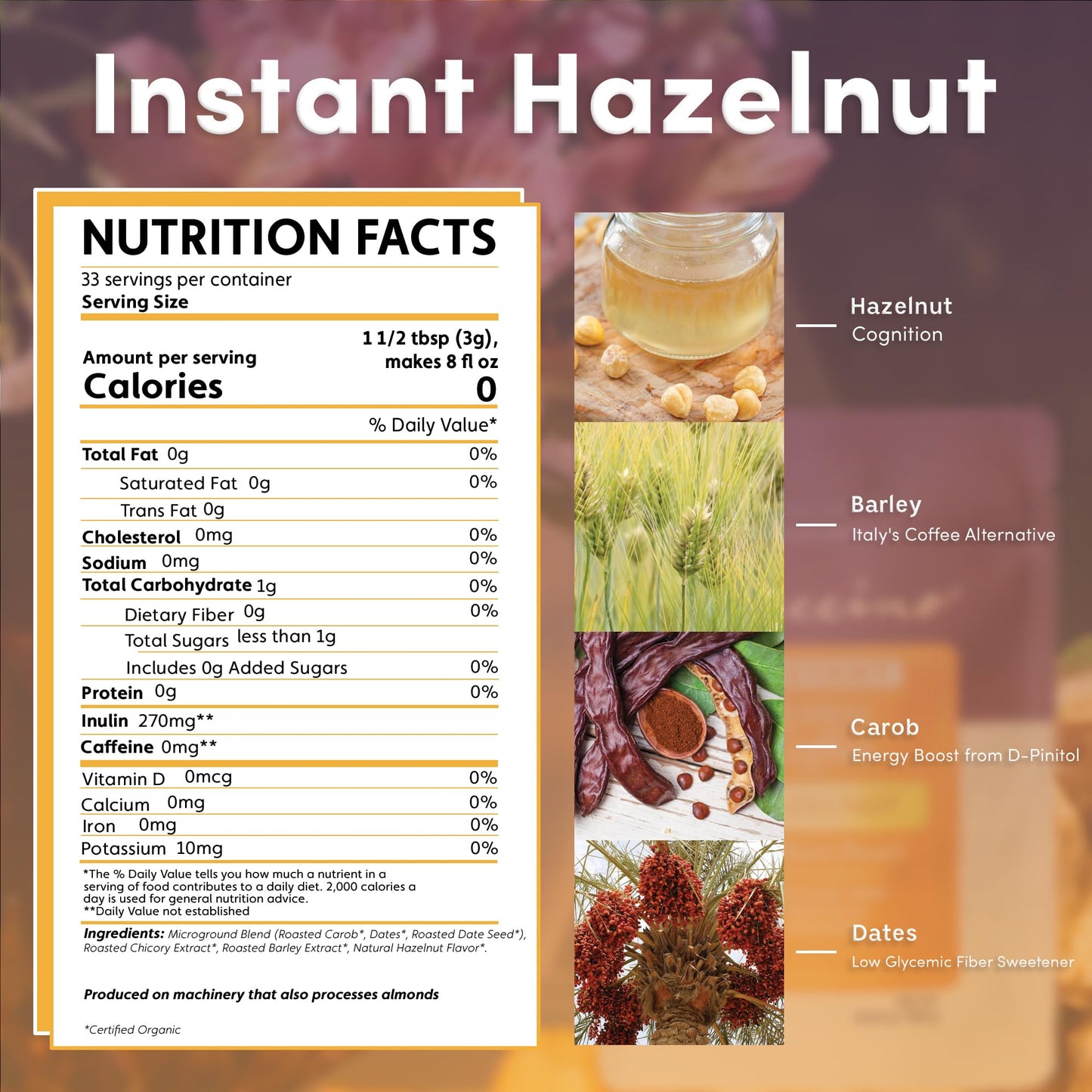 Teeccino Instant Organic Hazelnut Herbal Coffee Powder, 3.5 Ounce