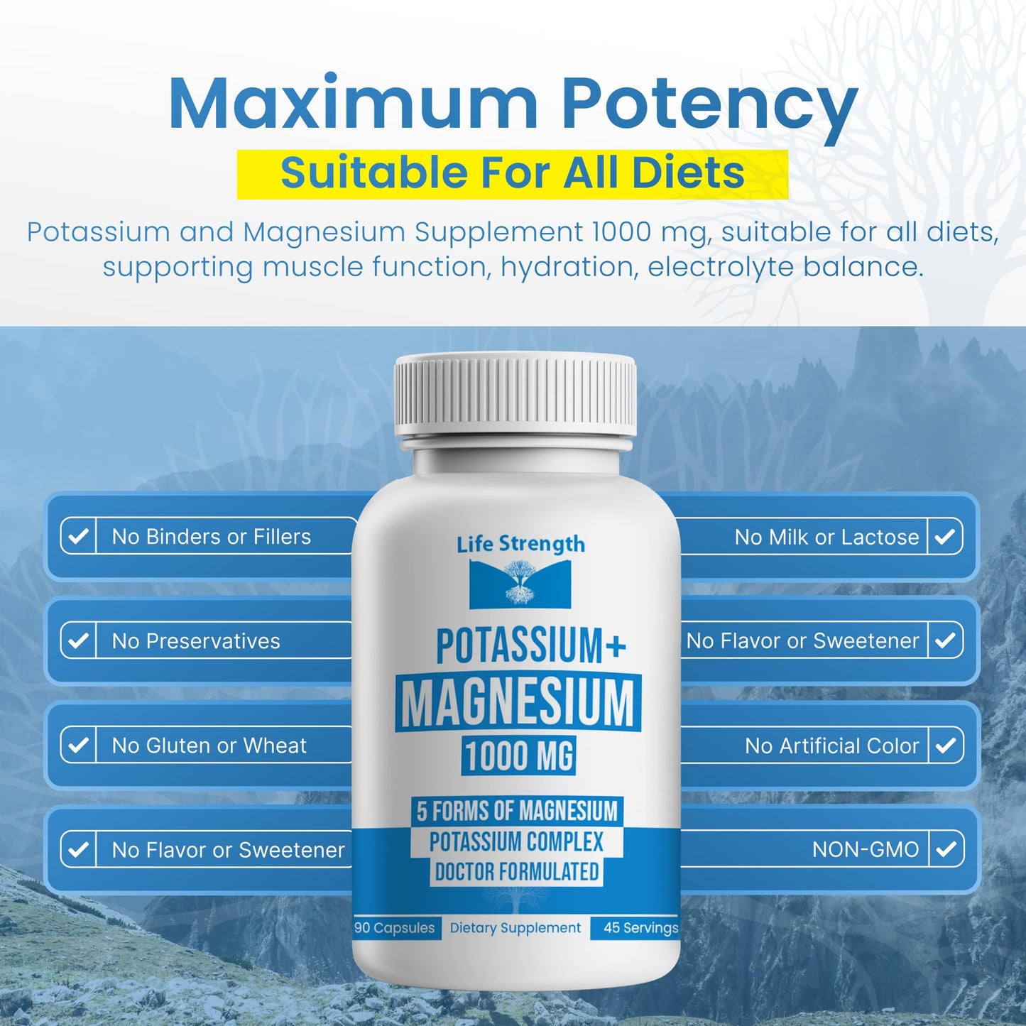 LifeStrength Potassium Magnesium Supplement 1000mg Capsule, 90 Count