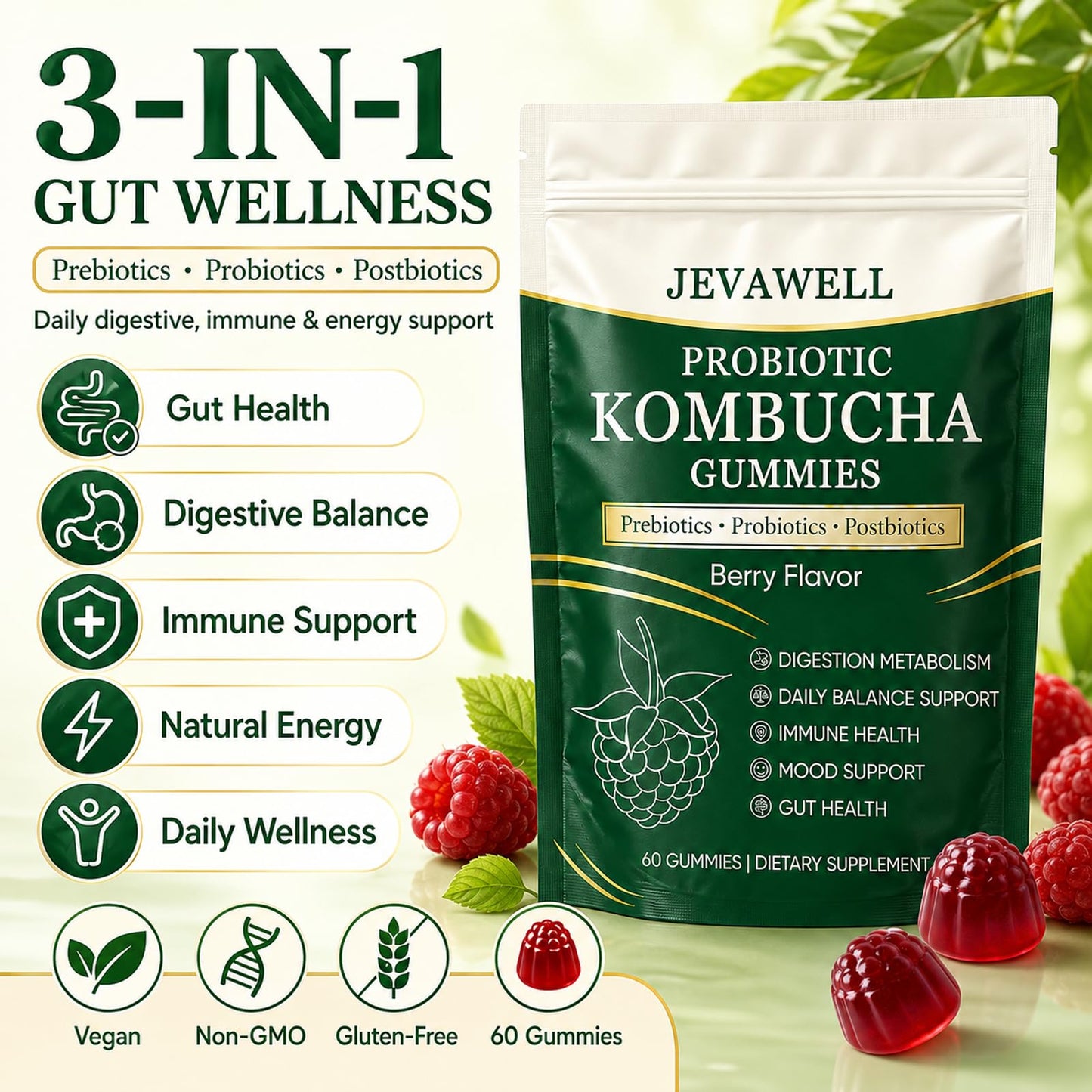 VivaMelhor Jevawell Kombucha Gummies Probiotic Digestive Health Supplement with Organic Prebiotics for Gut Health, Immune Boost, and Natural Energy – Vegan, Non-GMO, Gluten-Free, 120 Gummies (Pack of 2)