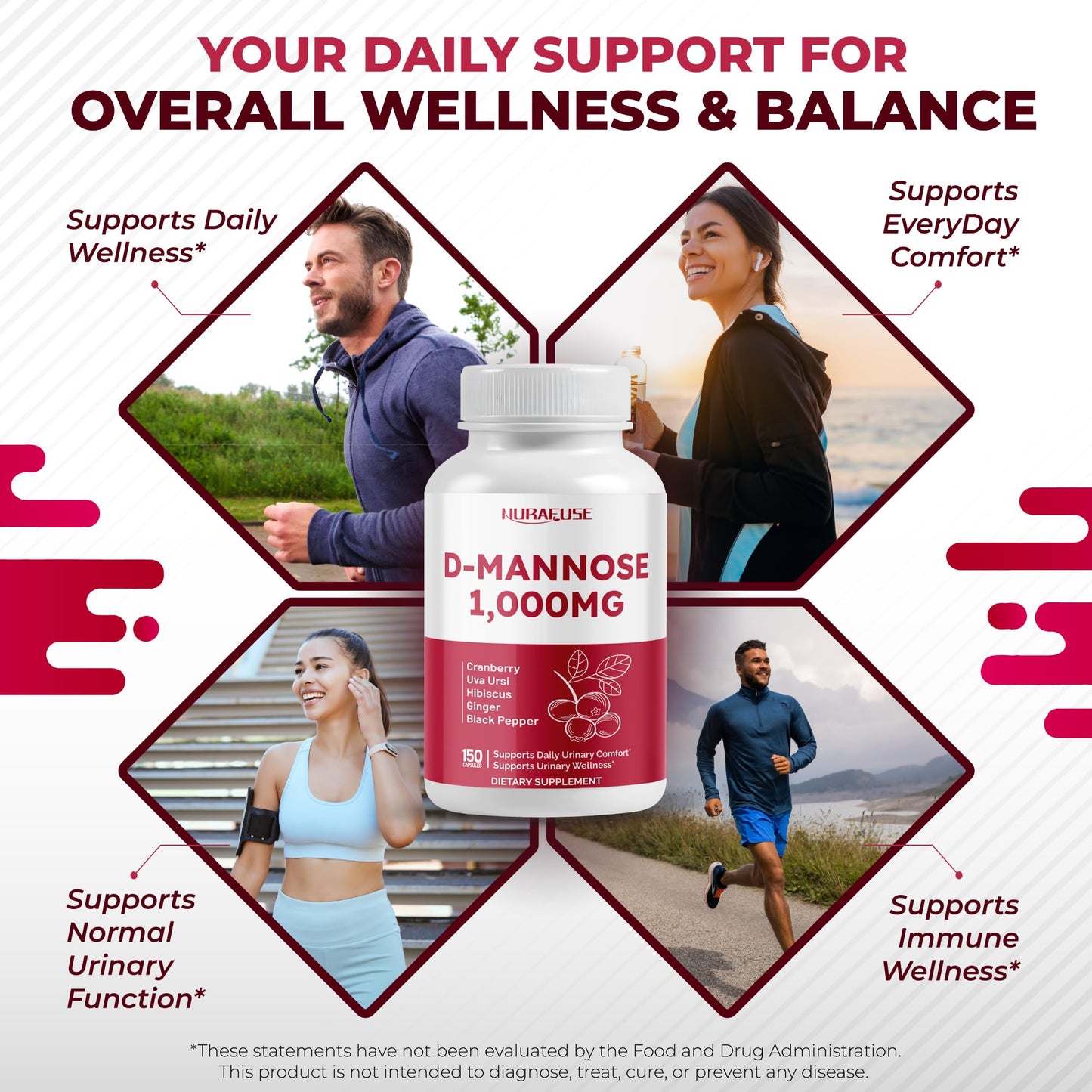NURAFUSE D-Mannose with Cranberry, Uva Ursi, Hibiscus, Ginger, Black Pepper Capsules 150 Count