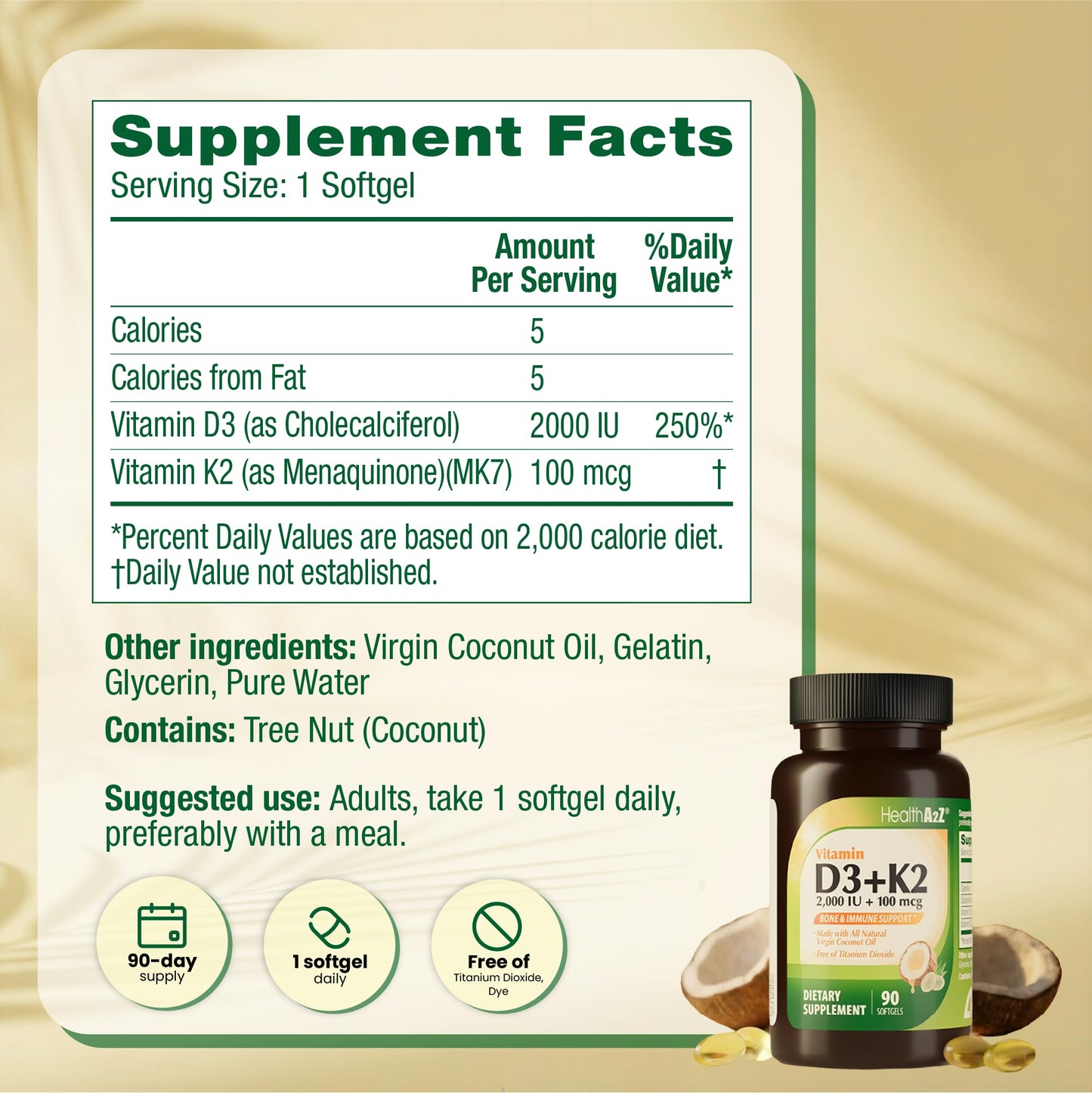 HealthA2Z Vitamin D3 + K2 Softgels 90