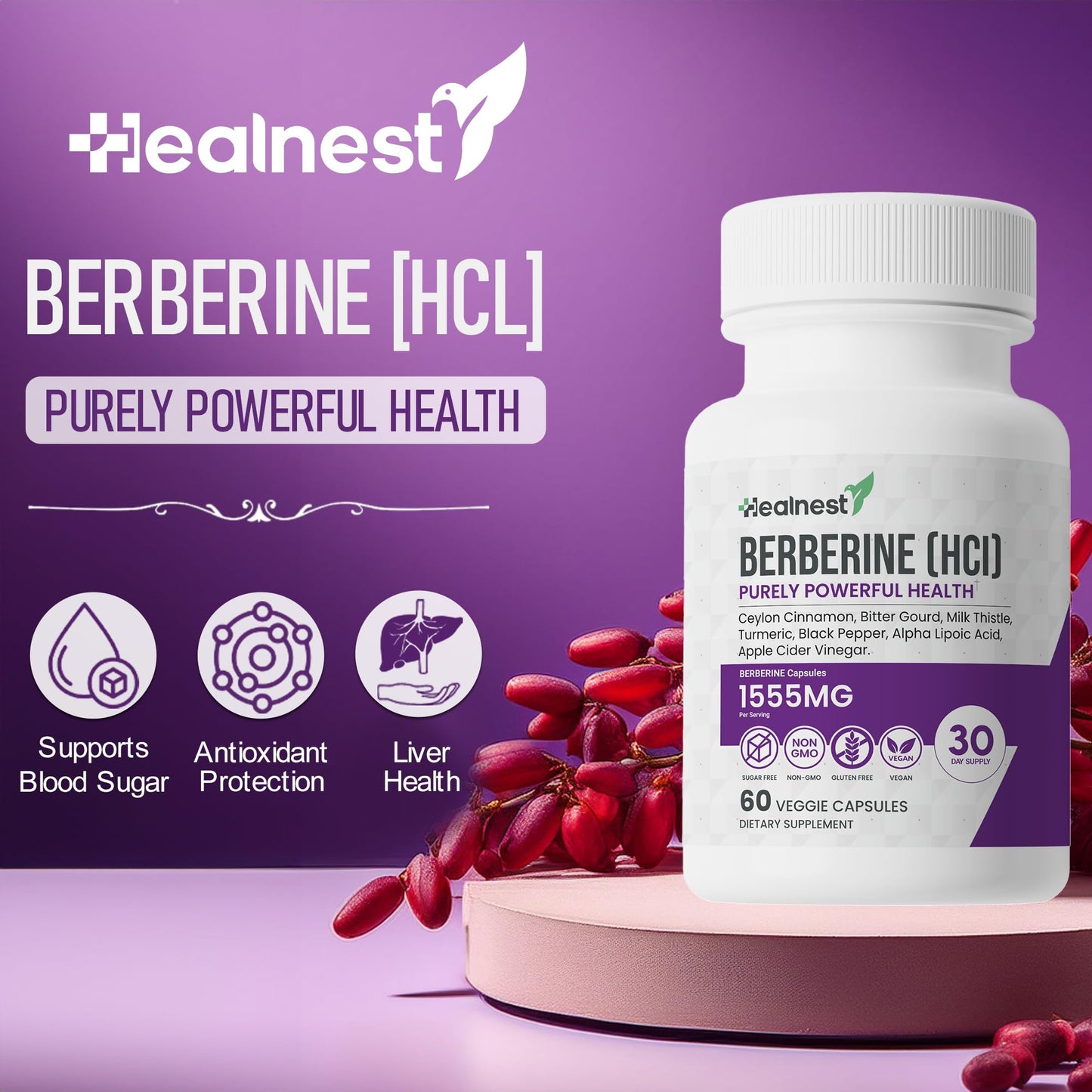 HEALNEST Berberine HCl 500 mg with Ceylon Cinnamon, Turmeric, Milk Thistle, Bitter Gourd & Alpha Lipoic Acid Capsules, 60 Count