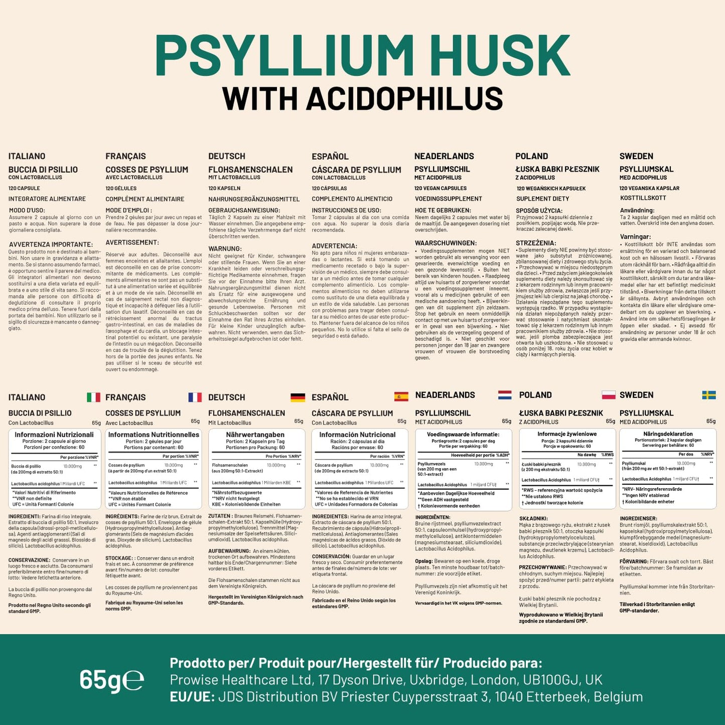 PH PROWISE Healthcare Psyllium Husk 10000mg with Acidophilus 1 Billion CFU, 120 Capsules