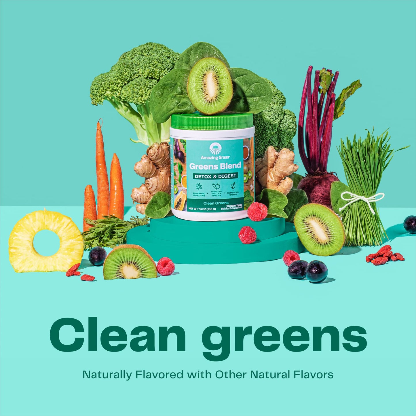 Amazing Grass Greens Blend Detox & Digest Smoothie Mix with Digestive Enzymes & Probiotics, Clean Greens Powder, Powder 7.4