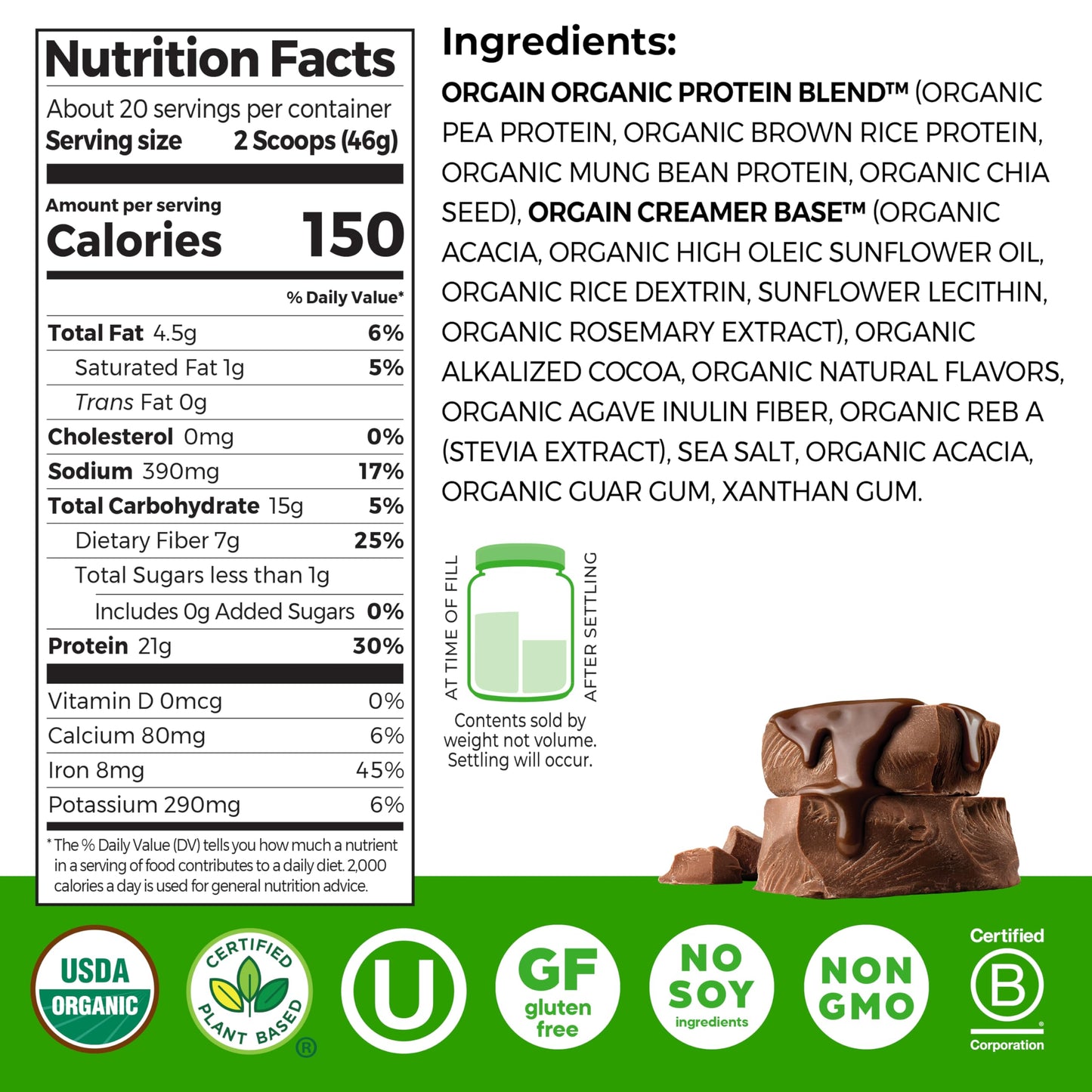 Orgain Organic Vegan 21g Protein Powder, Creamy Chocolate Fudge, 32.4 oz