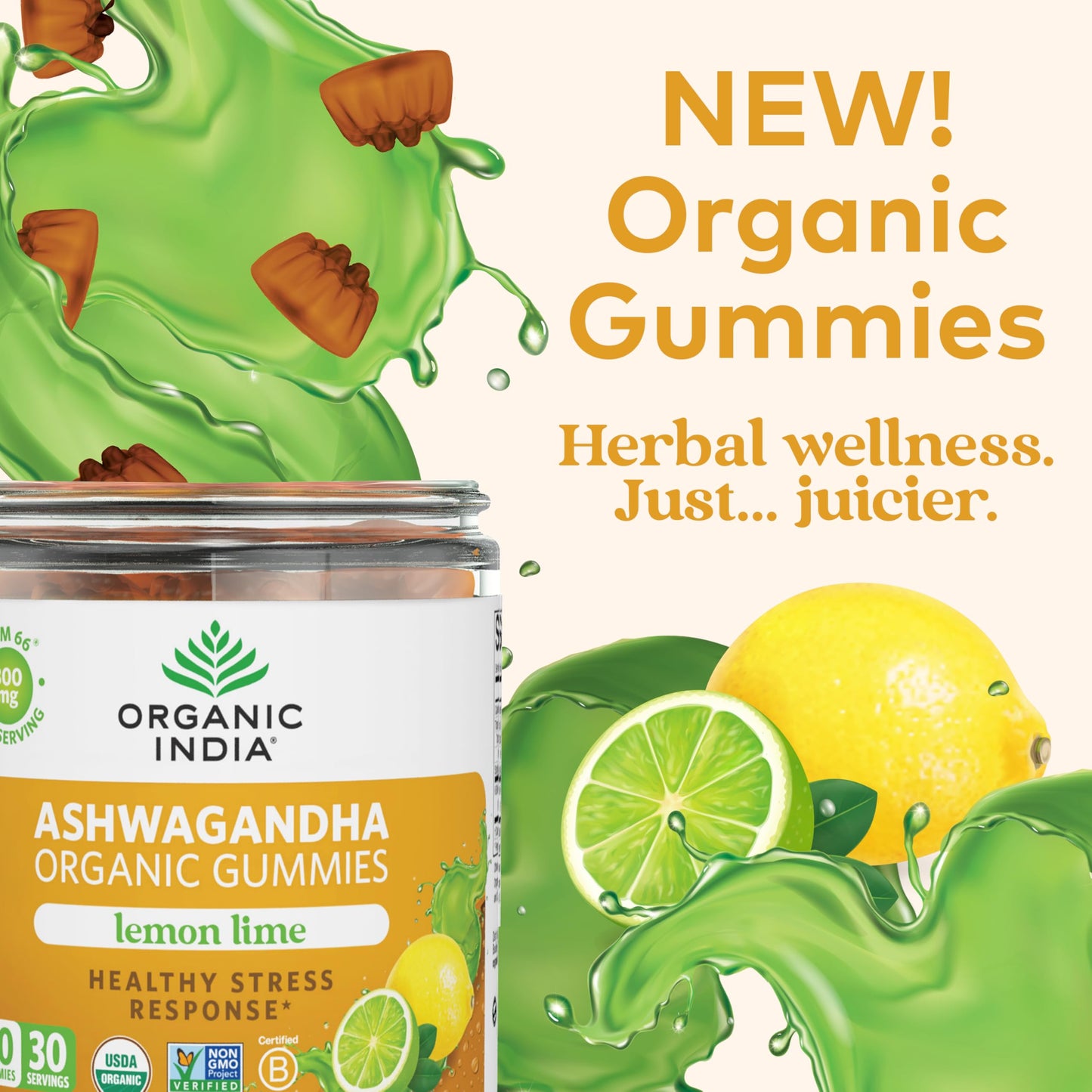 ORGANIC INDIA Ashwagandha Gummies - Stress Support, KSM-66 Ashwagandha Root, Extra Strength, Calm Chews, Vegan, Non-GMO - Lemon Lime, 60 Gummies