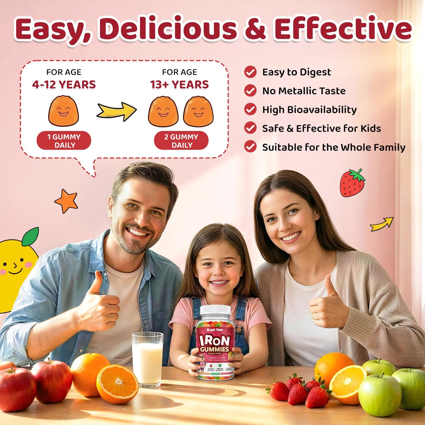 SEPT YAN Iron Supplement Gummies for Kids with Multivitamin and Iron, Vitamin B Complex, C, D3, Calcium, Folate, Zinc, FOS, Vegan, Mixed Fruit Flavor, 60 Count