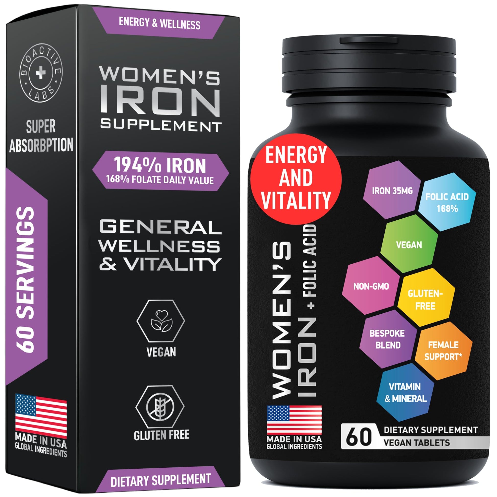 BIOACTIVE LABS Vegan Iron Supplements for Women with Folic Acid - 35mg Gentle Iron, 400mcg Folic Acid - Ferrous Sulfate Blood Builder for Anemia, Pregnant Women and Red Blood Cell Support, 60 Tablets