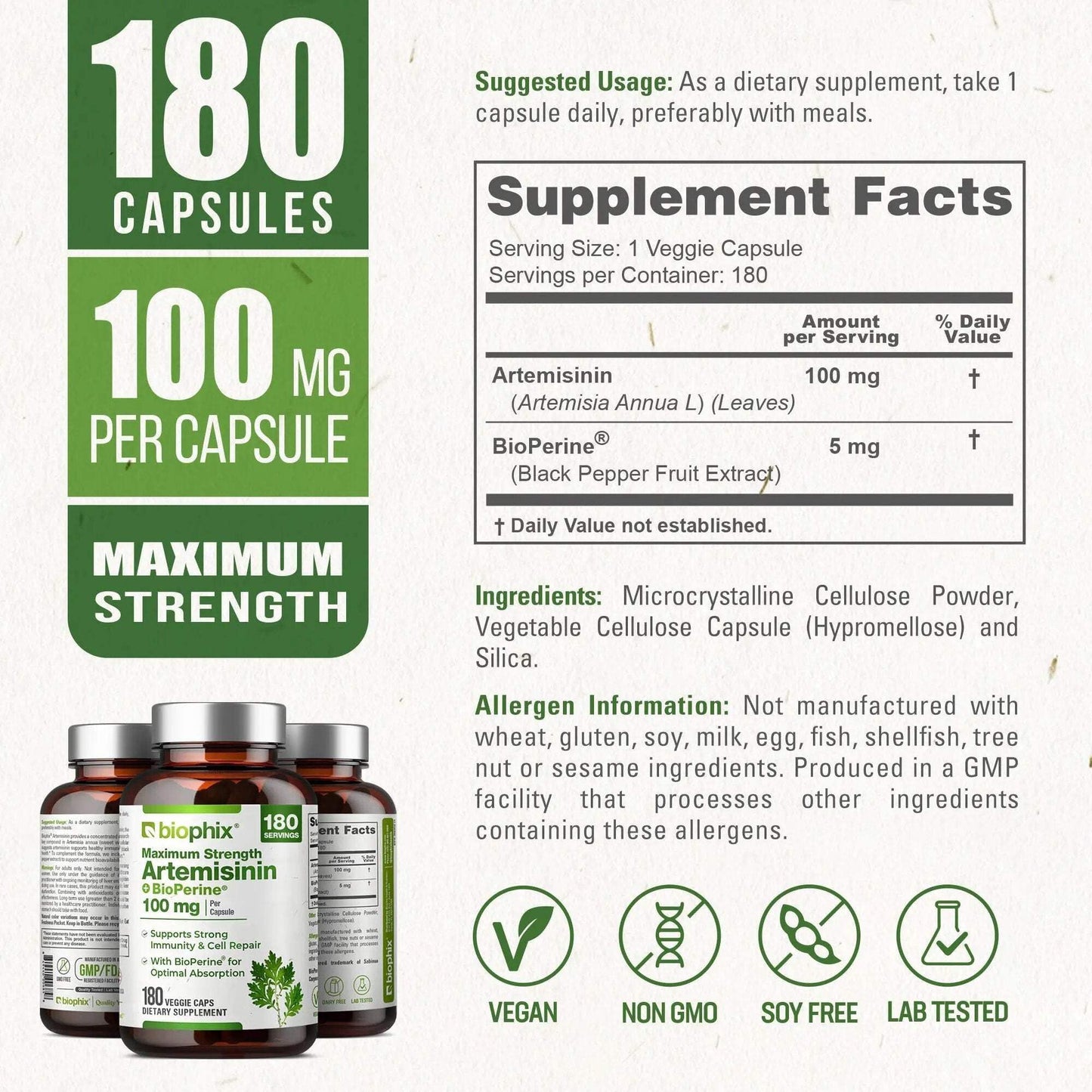 Biophix Artemisinin Supplement + BioPerine 100 mg - Maximum Strength Sweet Wormwood Extract - Supports Cellular Health, Antioxidant Balance & Immune Function, 180 Capsules