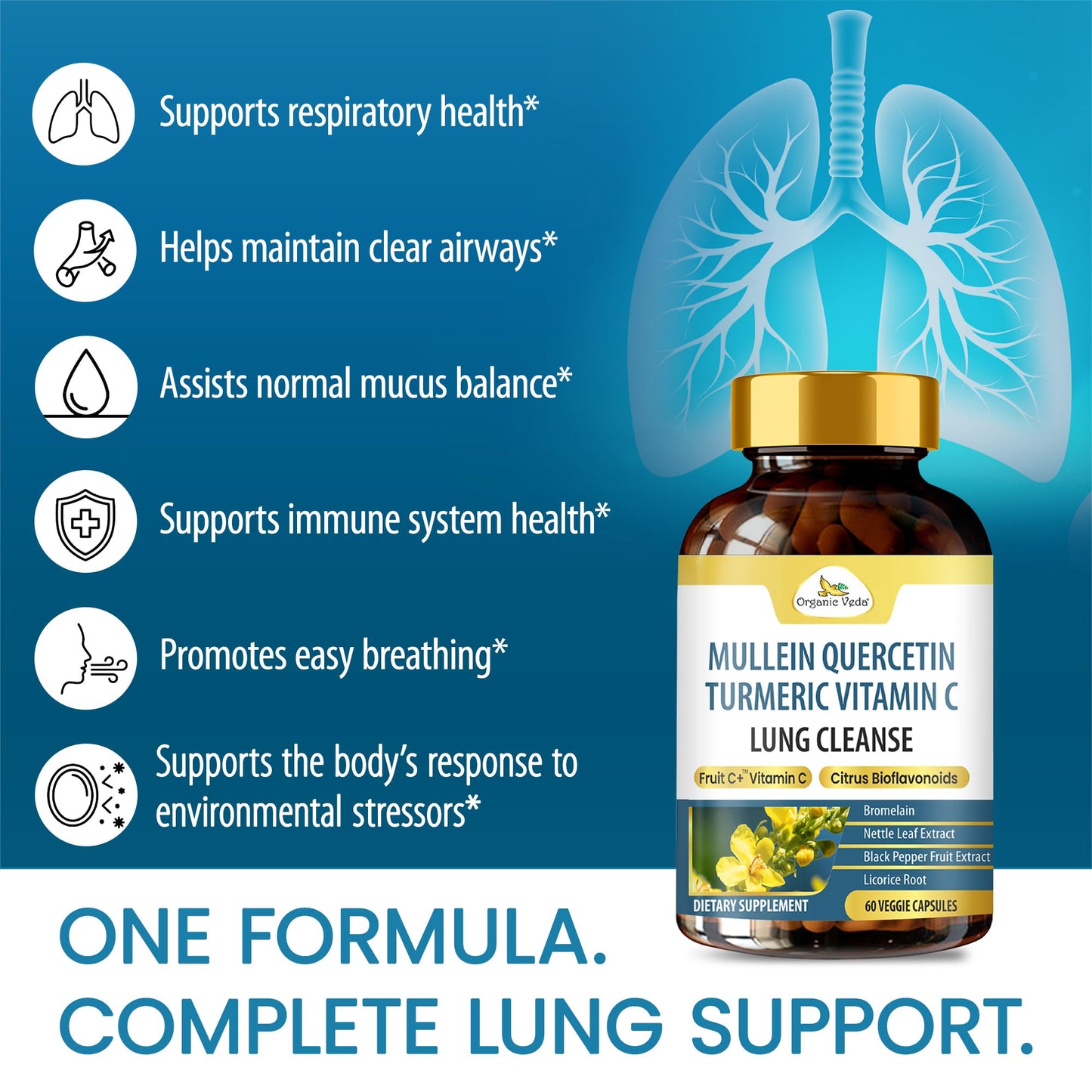 Organic Veda Mullein Quercetin Turmeric Lung Cleanse Capsules, 60 Count